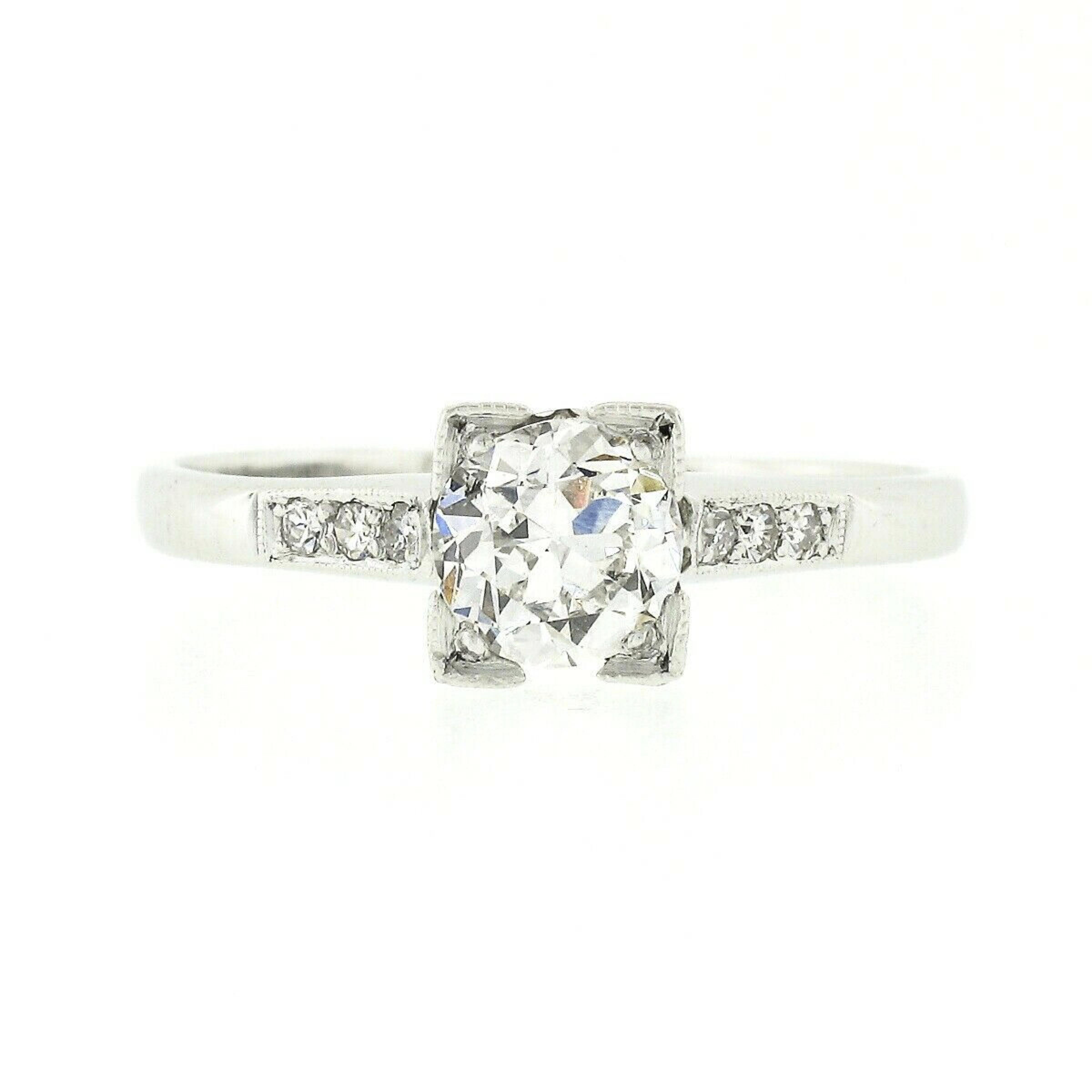 Antique Art Deco Platinum 0.87ctw European Cut Diamond Solitaire Engagement Ring In Good Condition For Sale In Montclair, NJ