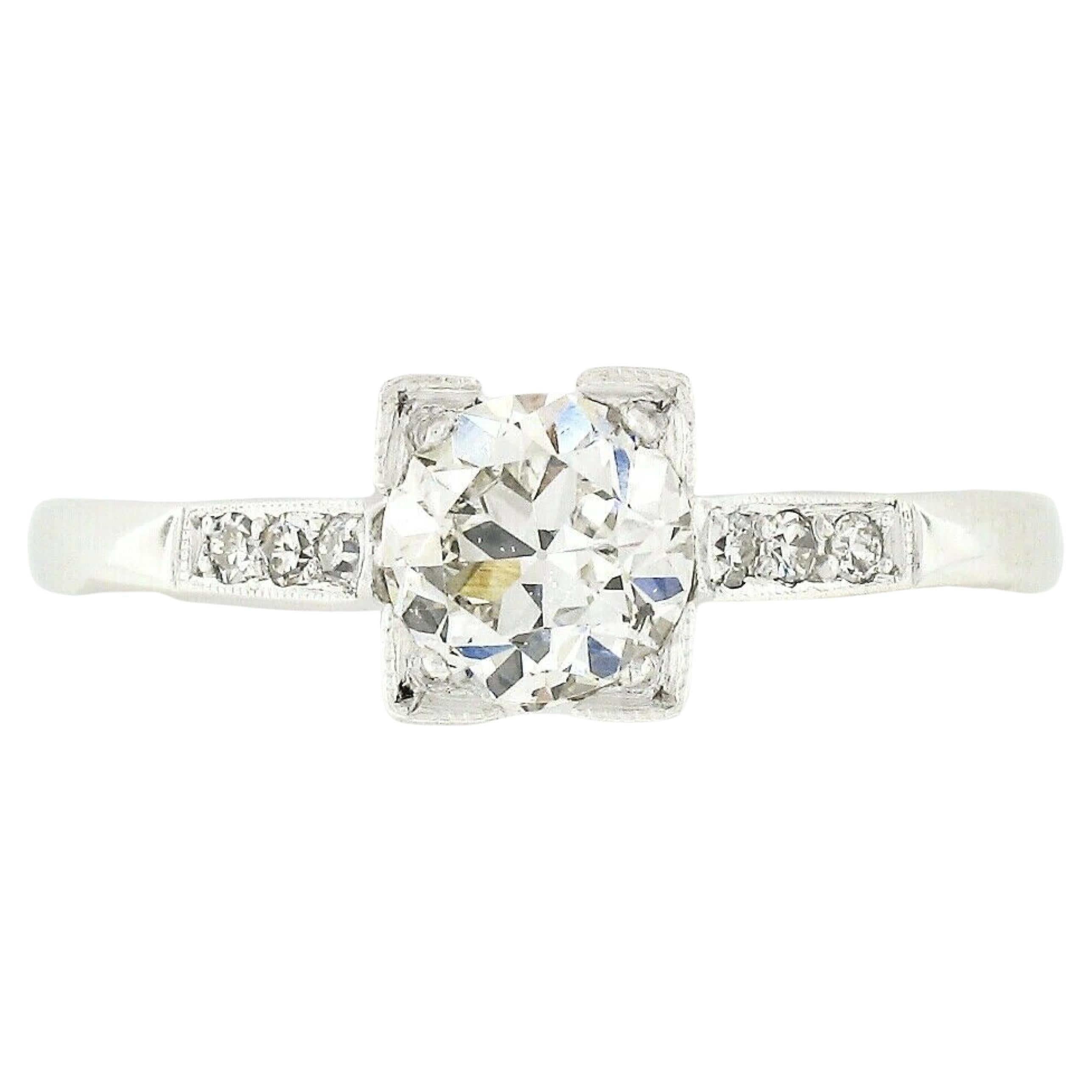 Antique Art Deco Platinum 0.87ctw European Cut Diamond Solitaire Engagement Ring For Sale