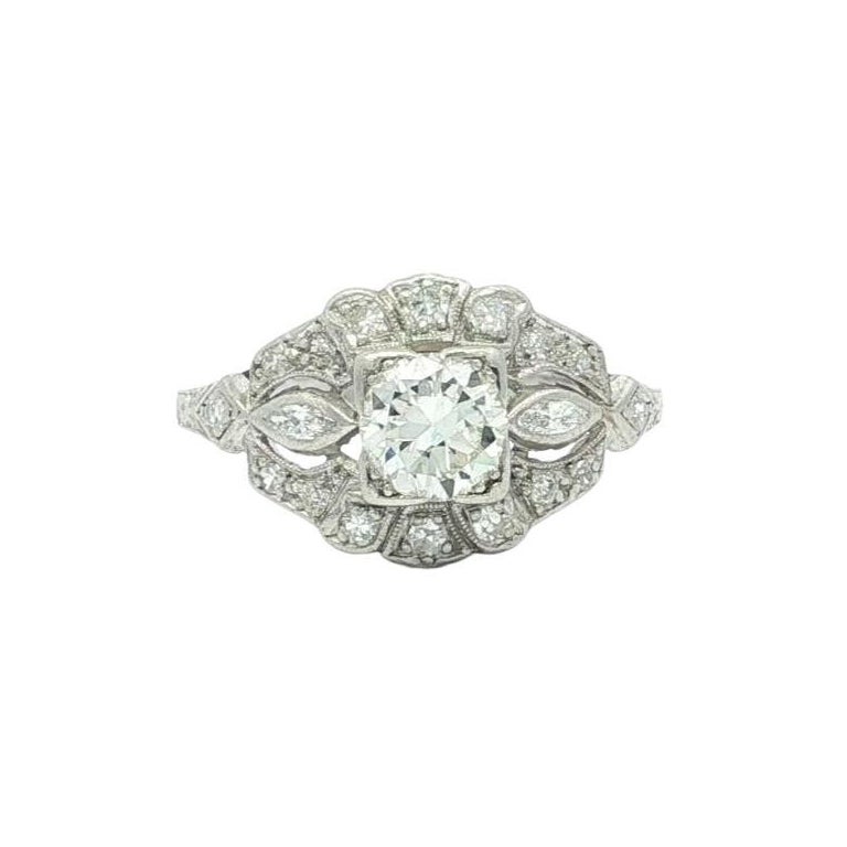 Antique Art Deco Platinum 0.91ctw Diamond Milgrain Etched Floral Engagement Ring For Sale
