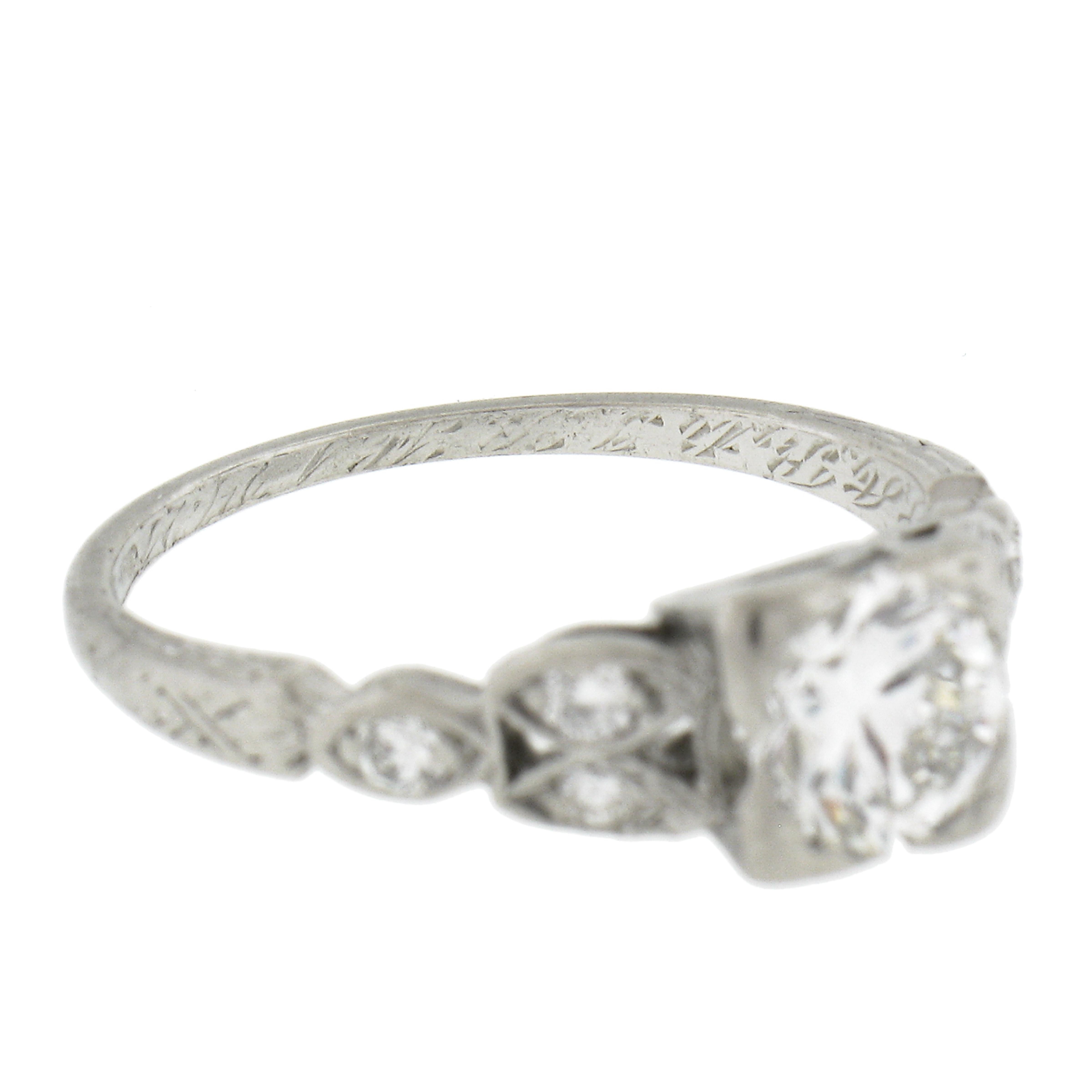 Antique Art Deco Platinum 0.91ctw Old Cut Diamond Engraved Engagement Ring For Sale 5