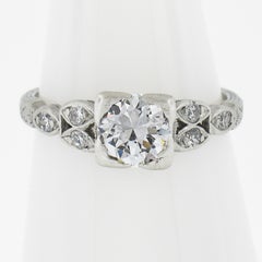 Antique Art Deco Platinum 0.91ctw Old Cut Diamond Engraved Engagement Ring