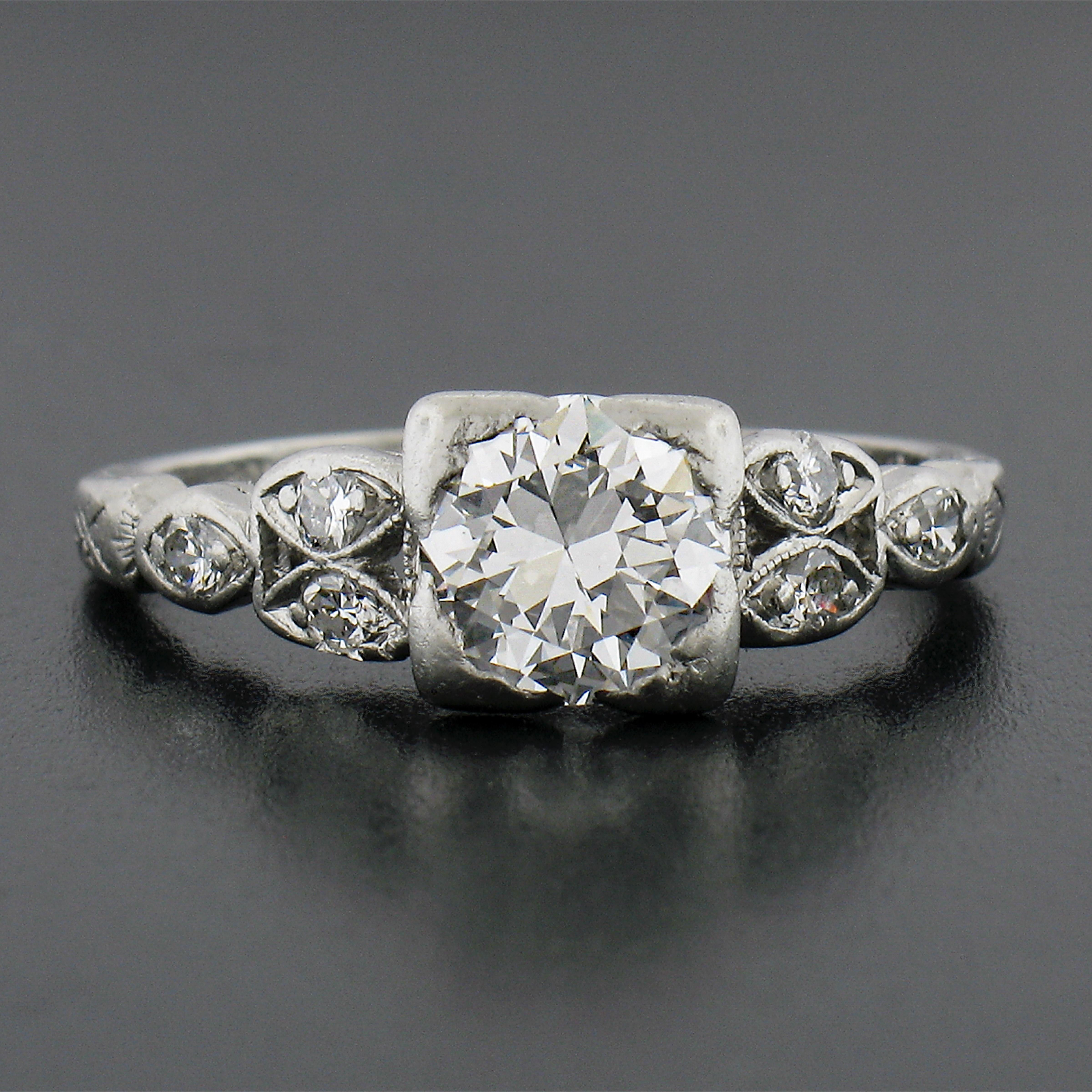 Old European Cut Antique Art Deco Platinum 0.91ctw Old Cut Diamond Engraved Engagement Ring For Sale