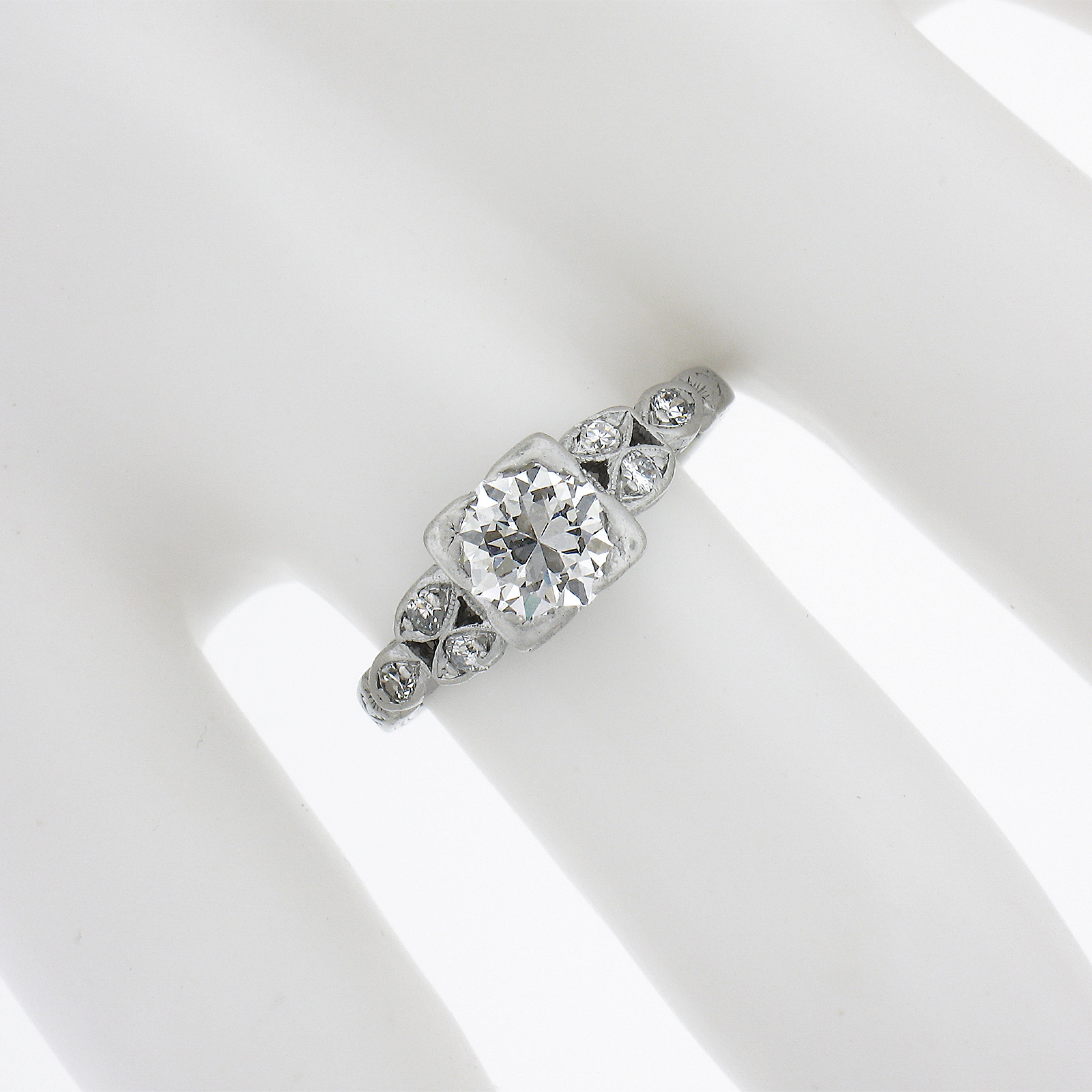 Antique Art Deco Platinum 0.91ctw Old Cut Diamond Engraved Engagement Ring In Excellent Condition For Sale In Montclair, NJ