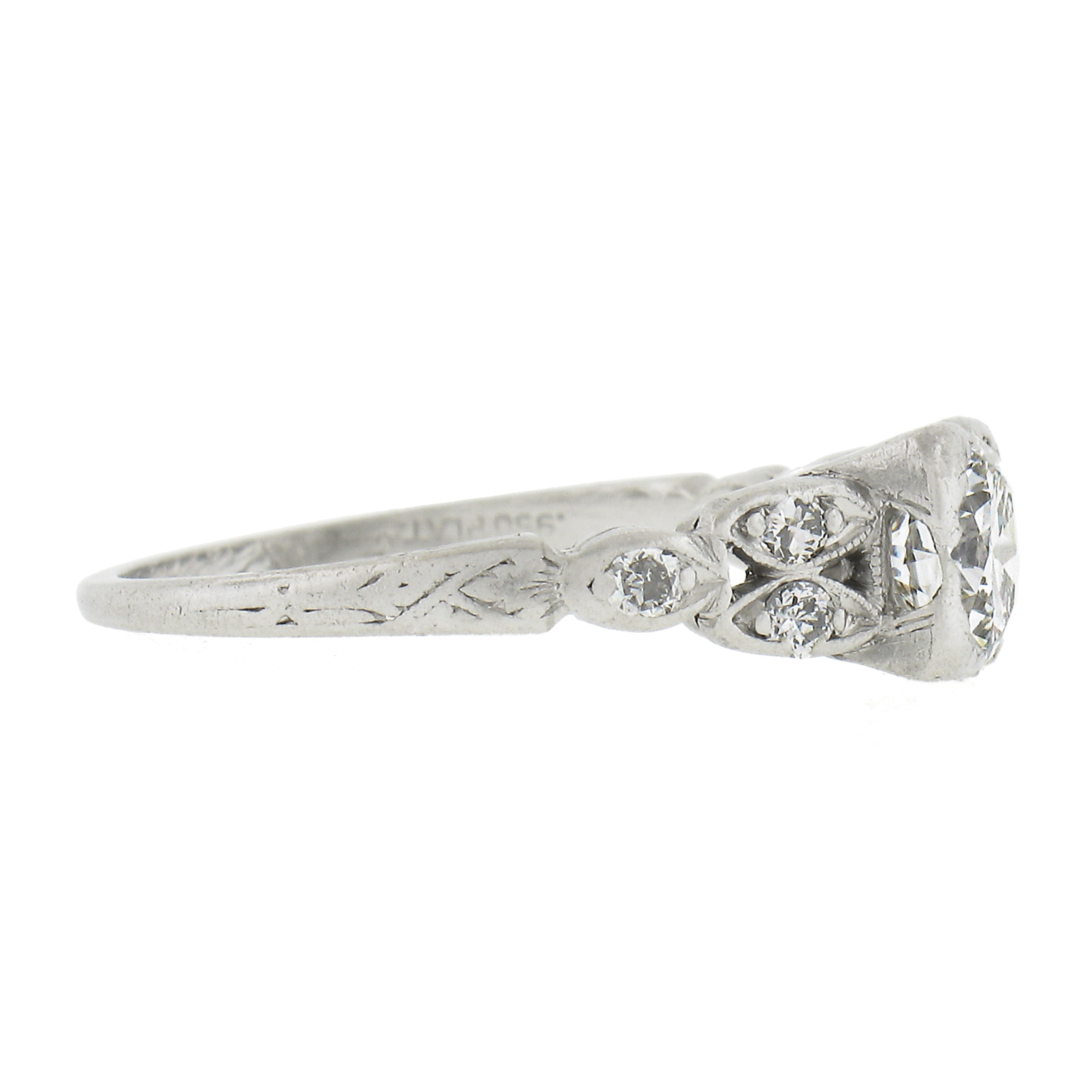 Women's or Men's Antique Art Deco Platinum 0.91ctw Old Cut Diamond Engraved Engagement Ring For Sale