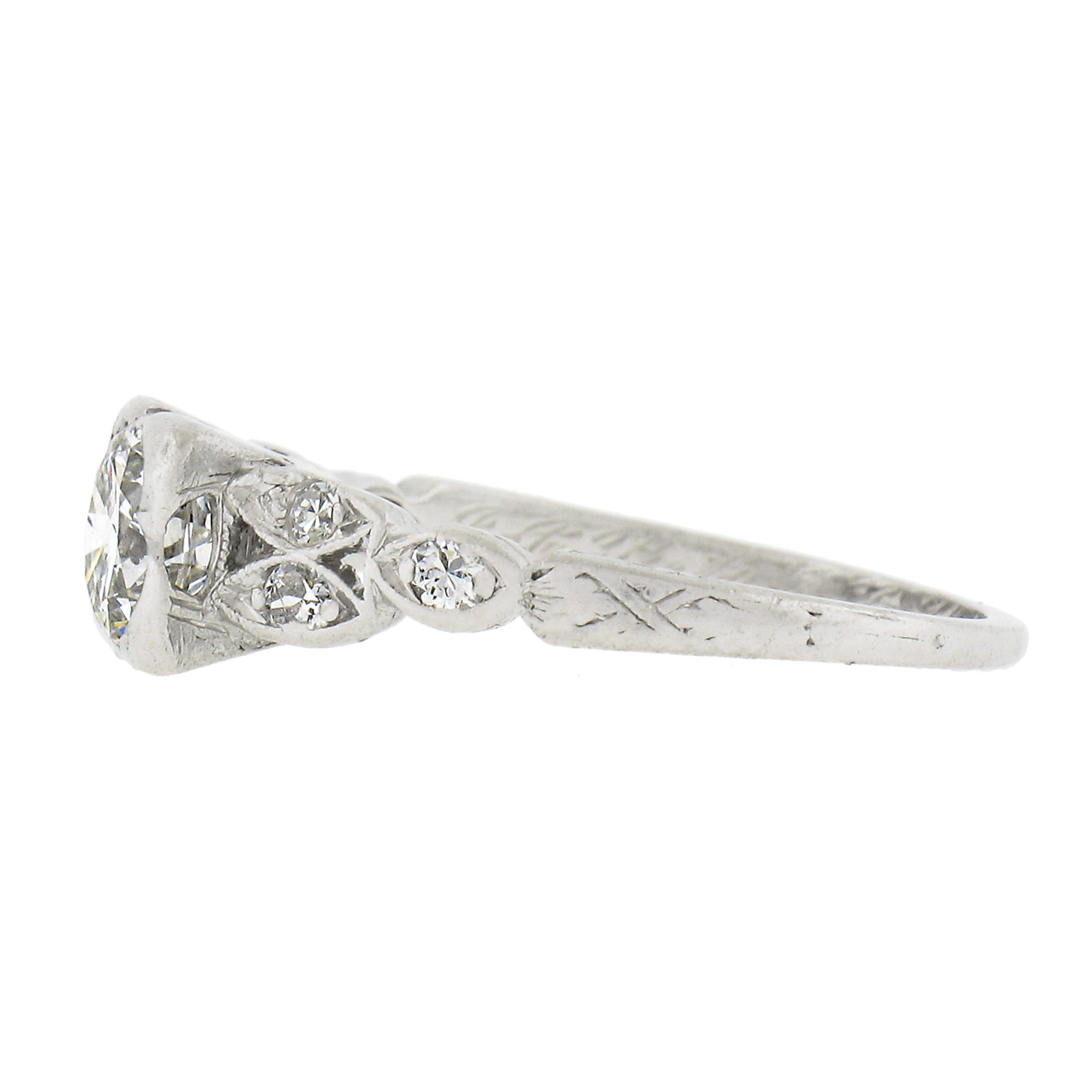 Antique Art Deco Platinum 0.91ctw Old Cut Diamond Engraved Engagement Ring For Sale 1