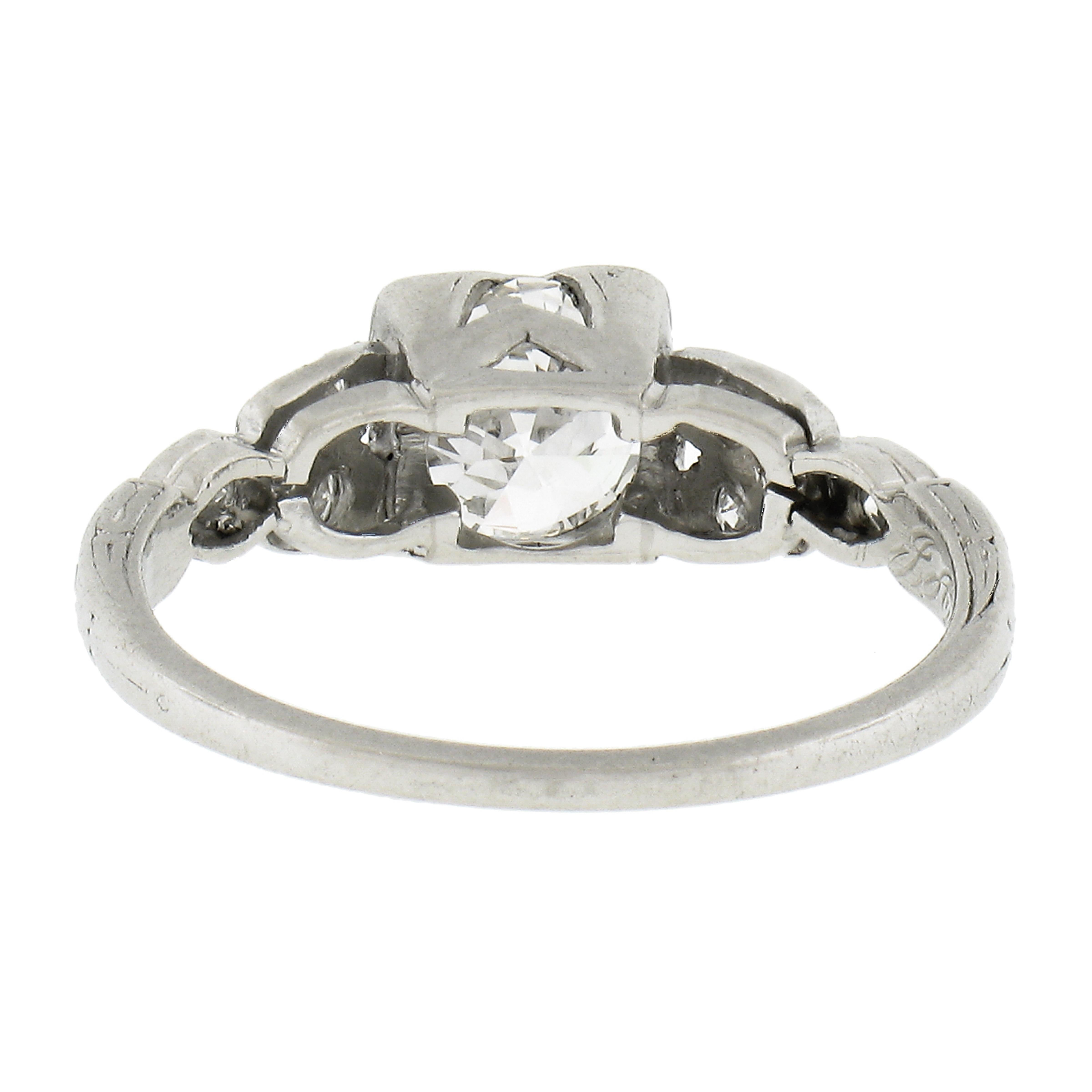 Antique Art Deco Platinum 0.91ctw Old Cut Diamond Engraved Engagement Ring For Sale 2