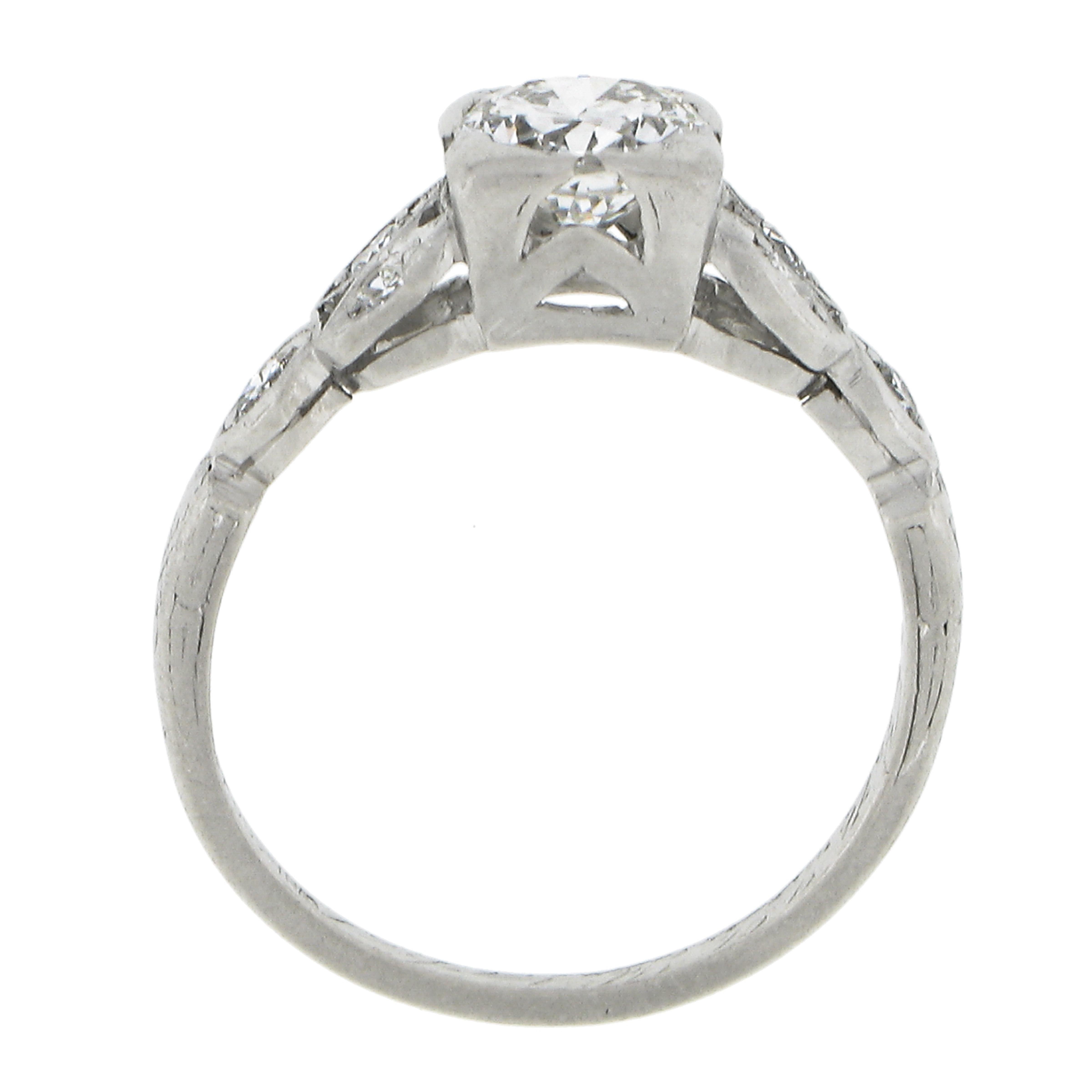 Antique Art Deco Platinum 0.91ctw Old Cut Diamond Engraved Engagement Ring For Sale 3