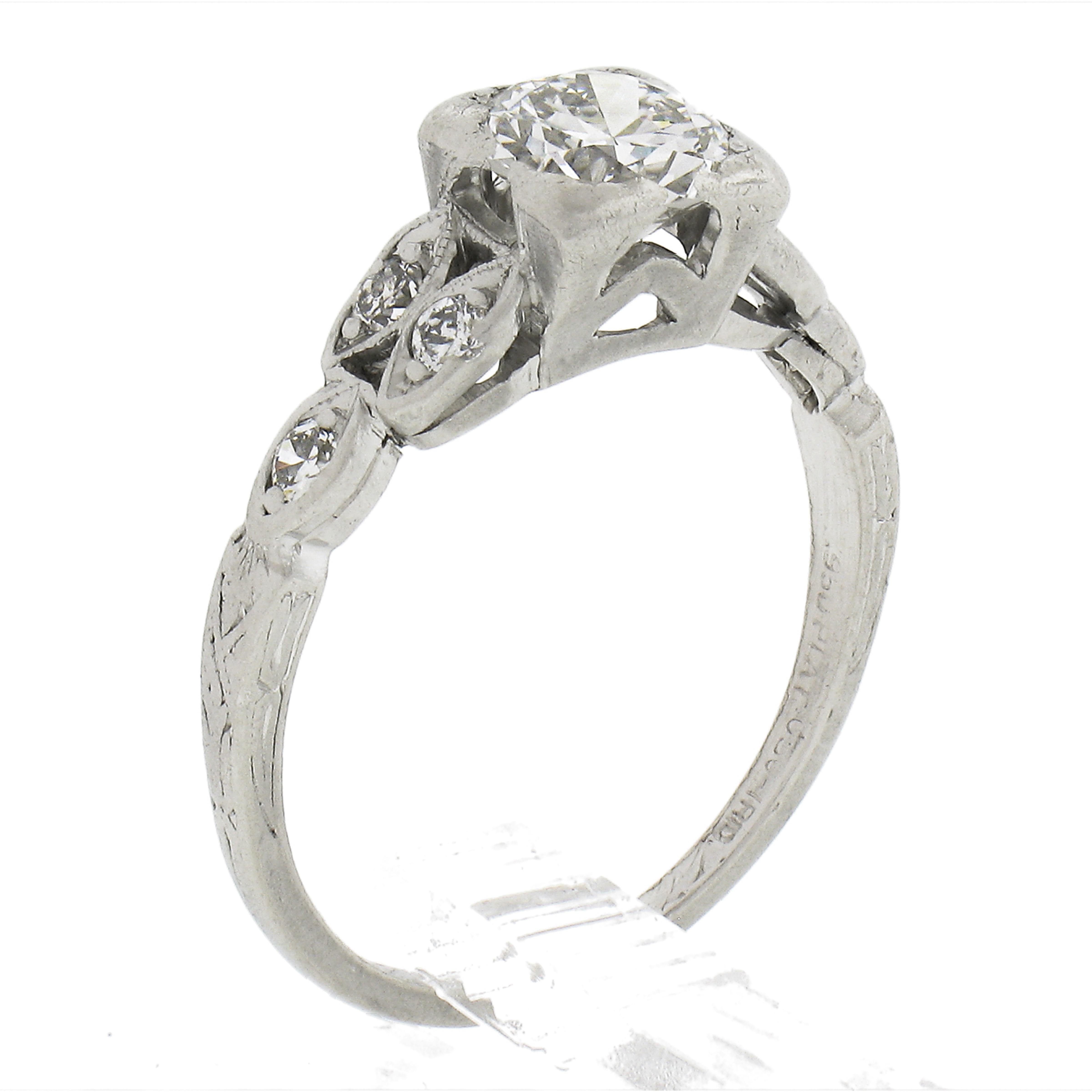 Antique Art Deco Platinum 0.91ctw Old Cut Diamond Engraved Engagement Ring For Sale 4
