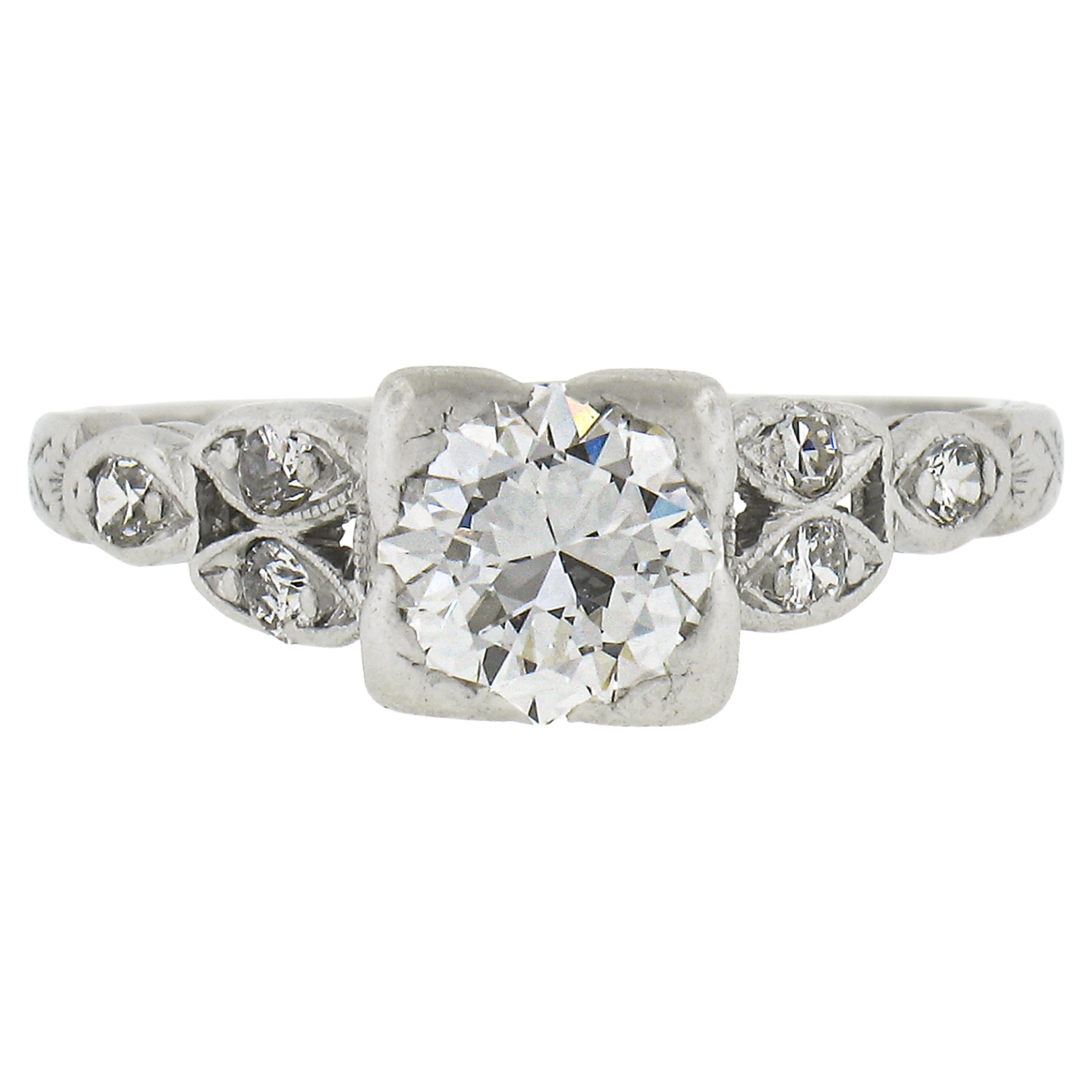 Antique Art Deco Platinum 0.91ctw Old Cut Diamond Engraved Engagement Ring For Sale