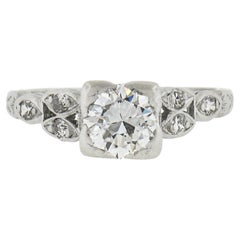 Antique Art Deco Platinum 0.91ctw Old Cut Diamond Engraved Engagement Ring
