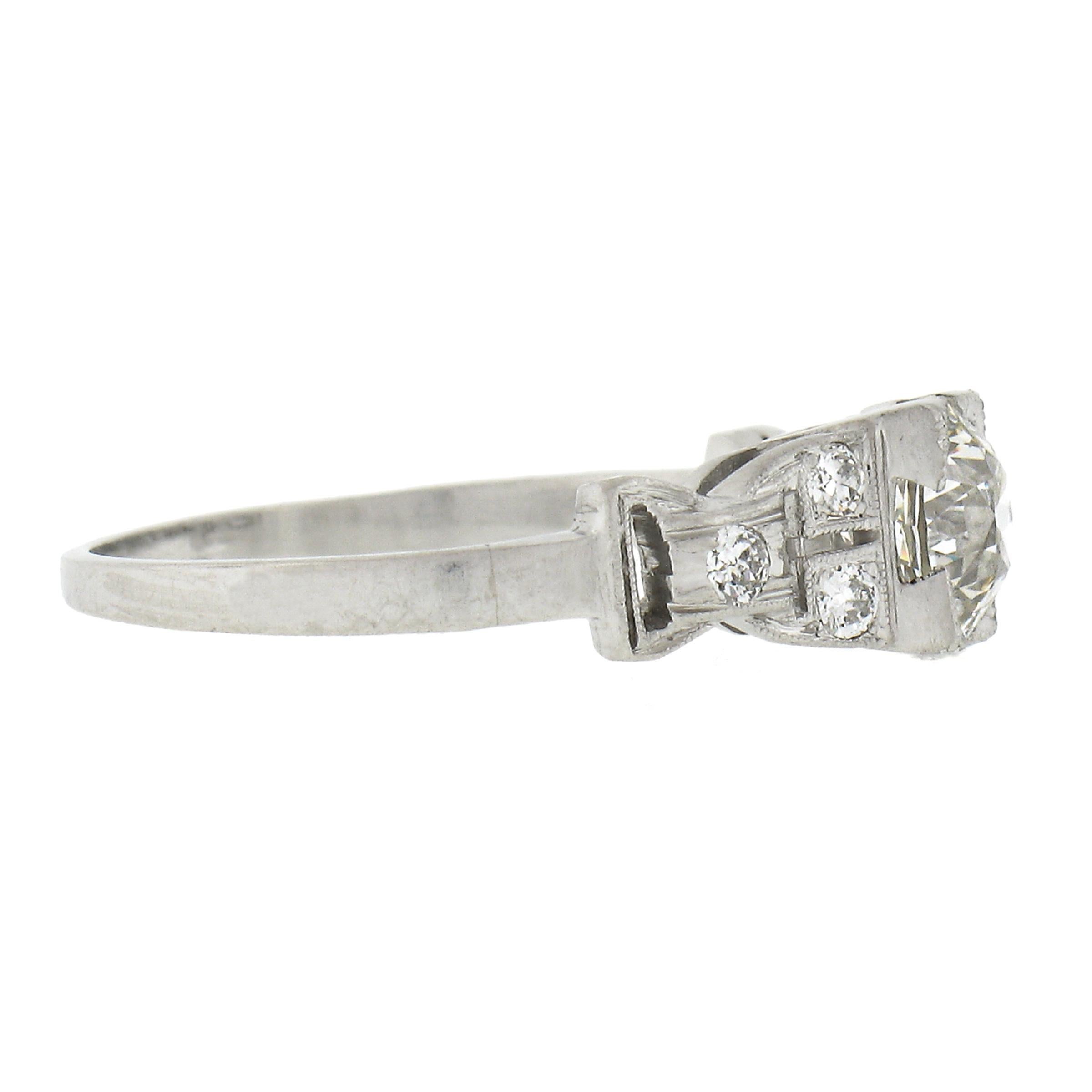 Bague Art déco ancienne style boucle latérale en platine avec diamants européens 0,92 carat Pour femmes en vente