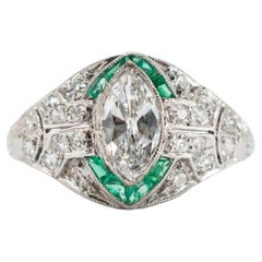 Antique Art Deco Platinum 0.97ctw Marquise Diamond Halo Emerald Engagement Ring