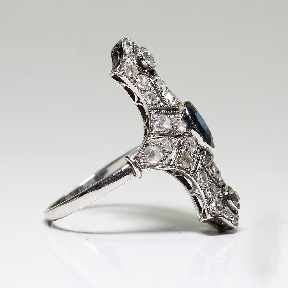 Old Mine Cut Antique Art Deco Platinum 1 Carat Sapphire and 1.3 Carat Diamond Ring