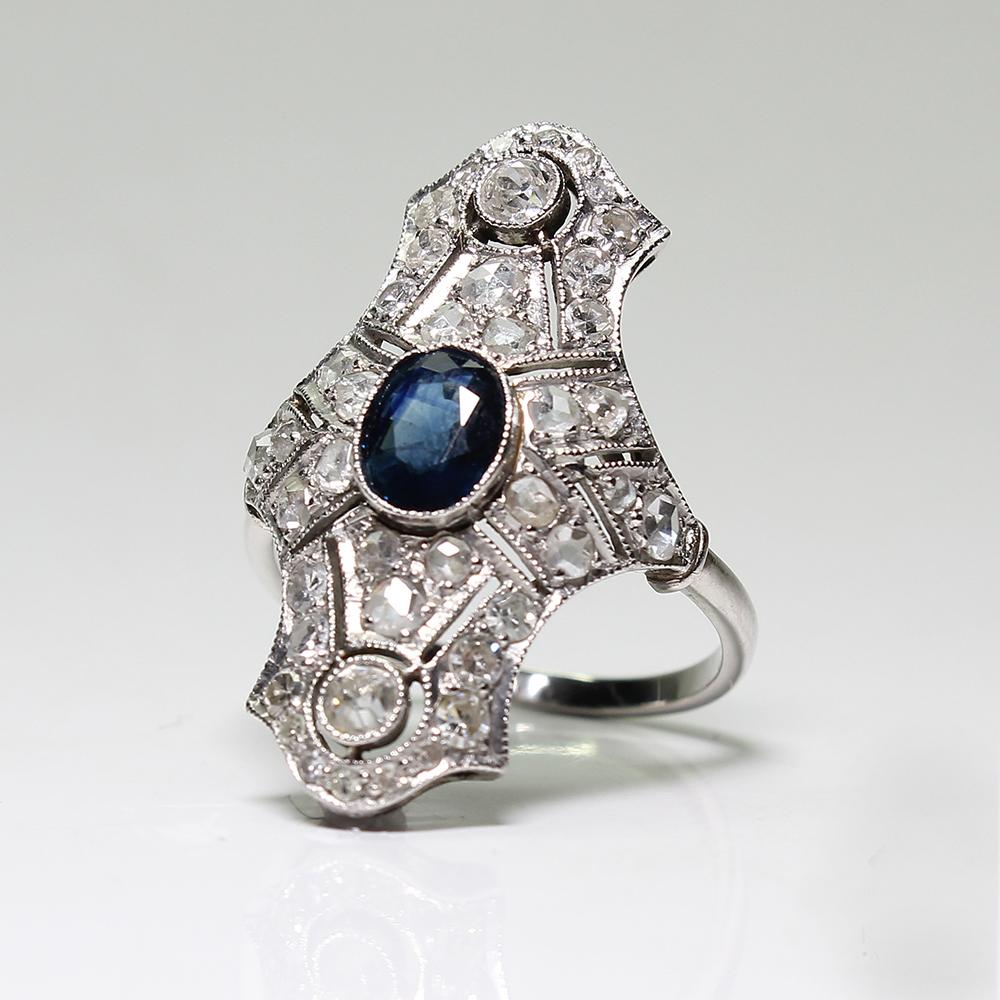 Women's or Men's Antique Art Deco Platinum 1 Carat Sapphire and 1.3 Carat Diamond Ring