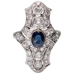 Antique Art Deco Platinum 1 Carat Sapphire and 1.3 Carat Diamond Ring
