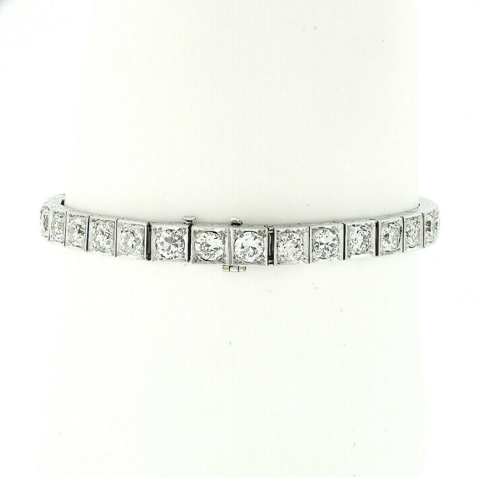 Women's or Men's Antique Art Deco Platinum 11.0ctw European Diamond Engraved Line Tennis Bracelet