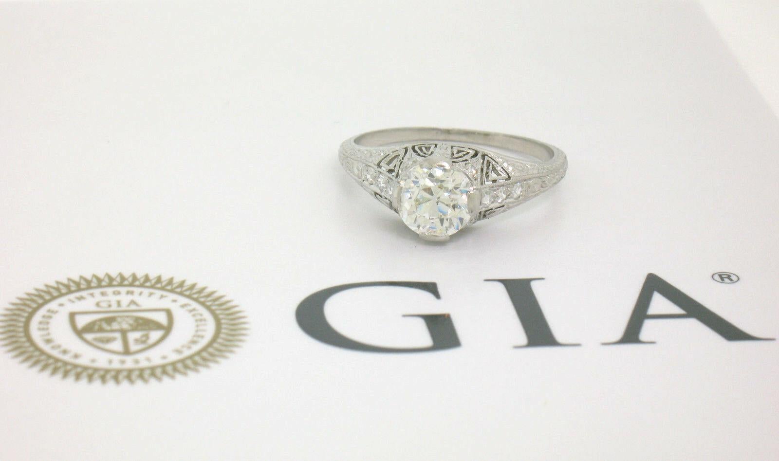 Antique Art Deco Platinum 1.18ct GIA Diamond Etched Filigree Engagement Ring For Sale 5