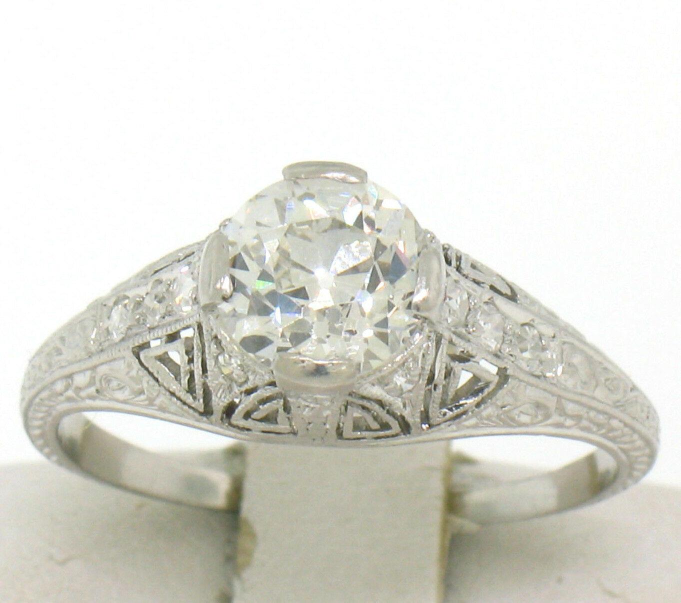 Old European Cut Antique Art Deco Platinum 1.18ct GIA Diamond Etched Filigree Engagement Ring For Sale