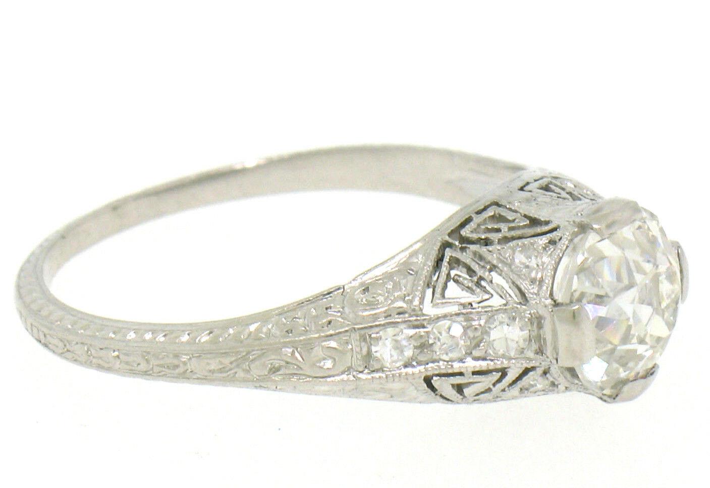 Women's Antique Art Deco Platinum 1.18ct GIA Diamond Etched Filigree Engagement Ring For Sale