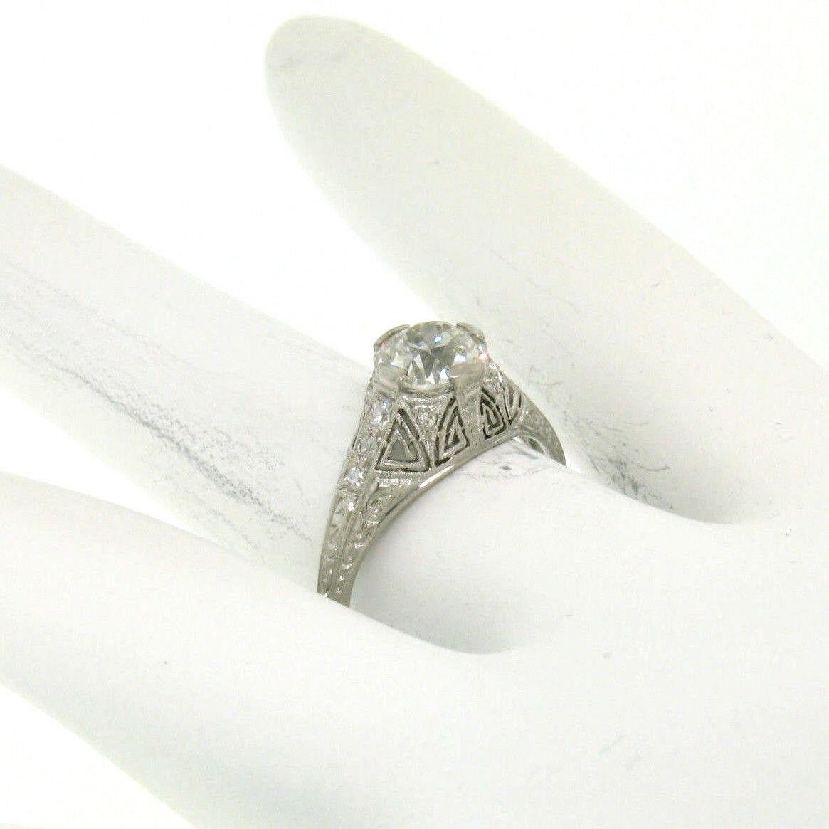 Antique Art Deco Platinum 1.18ct GIA Diamond Etched Filigree Engagement Ring For Sale 1