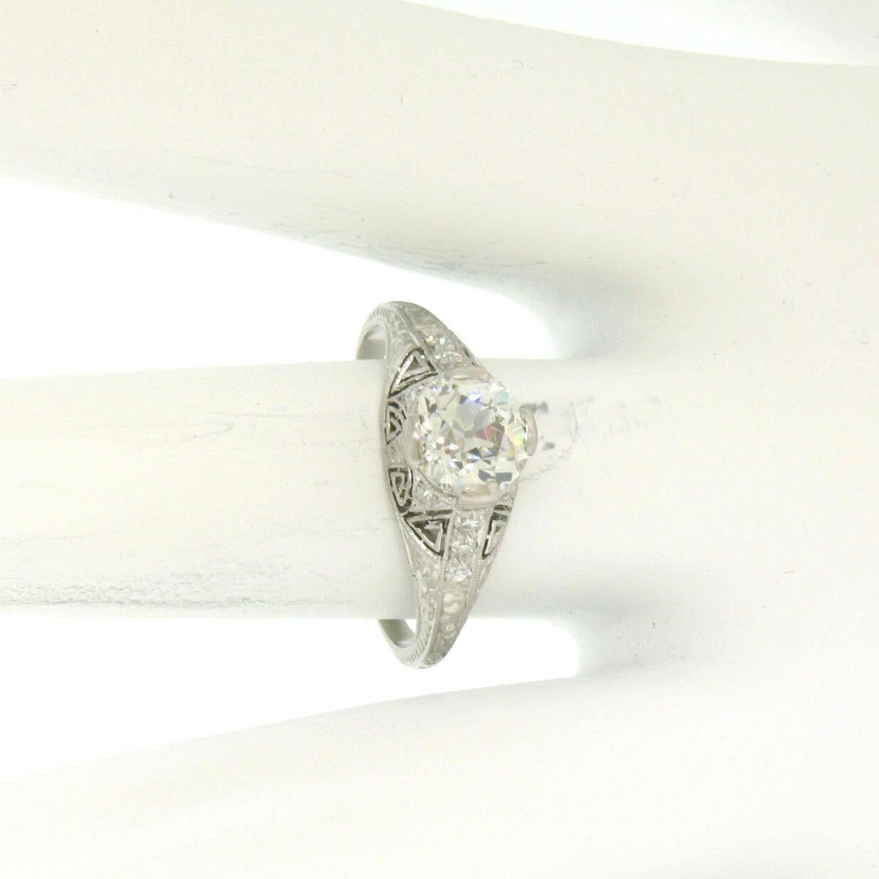 Antique Art Deco Platinum 1.18ct GIA Diamond Etched Filigree Engagement Ring For Sale 2