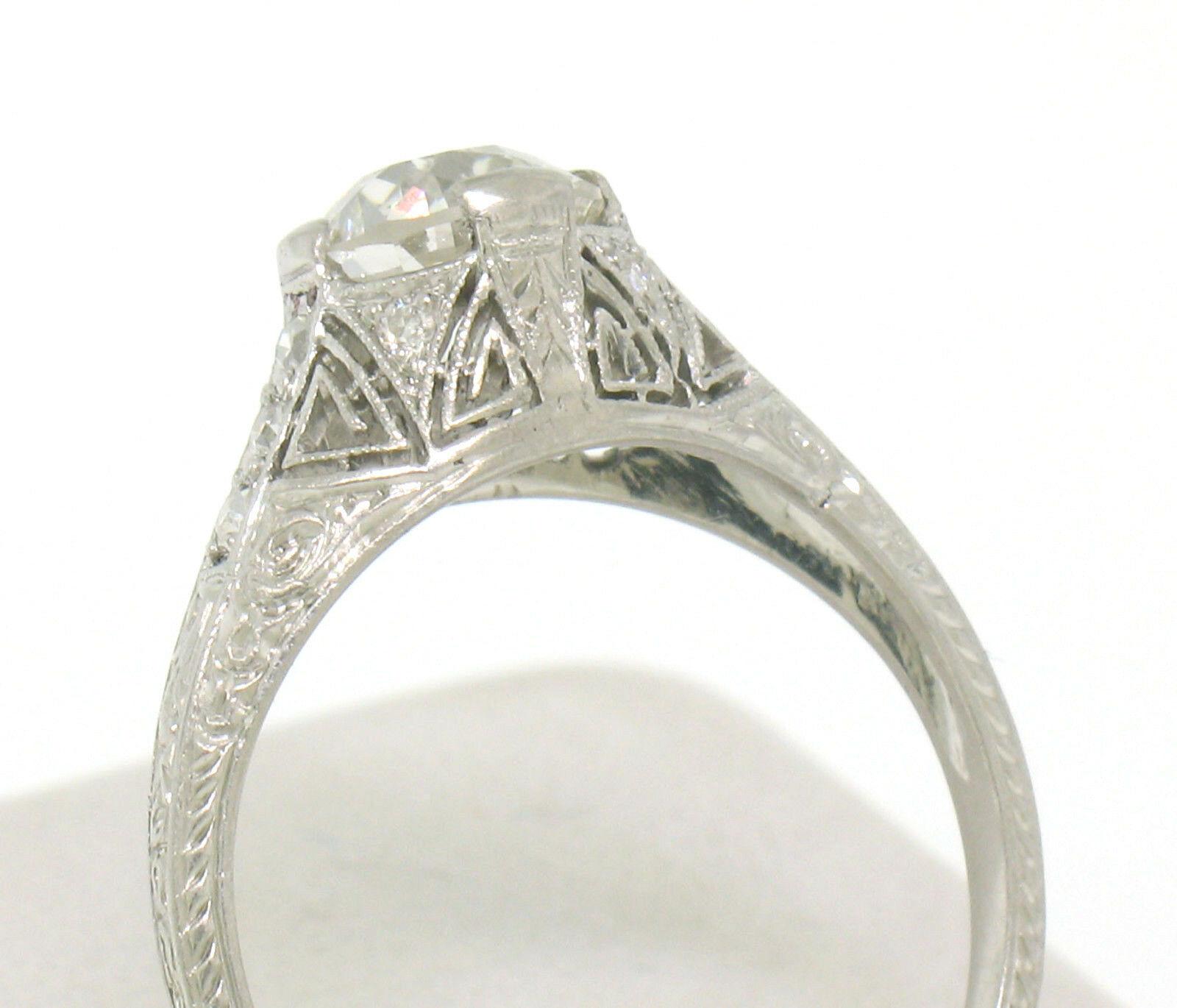 Antique Art Deco Platinum 1.18ct GIA Diamond Etched Filigree Engagement Ring For Sale 3