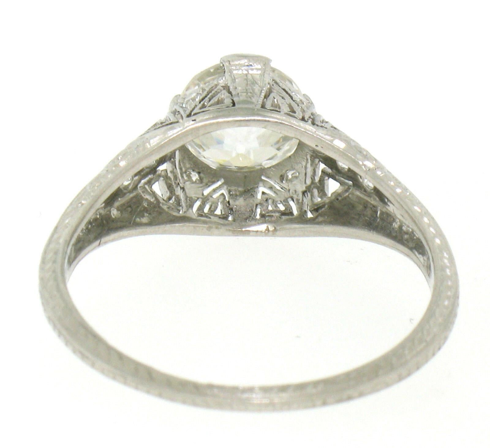 Antique Art Deco Platinum 1.18ct GIA Diamond Etched Filigree Engagement Ring For Sale 4