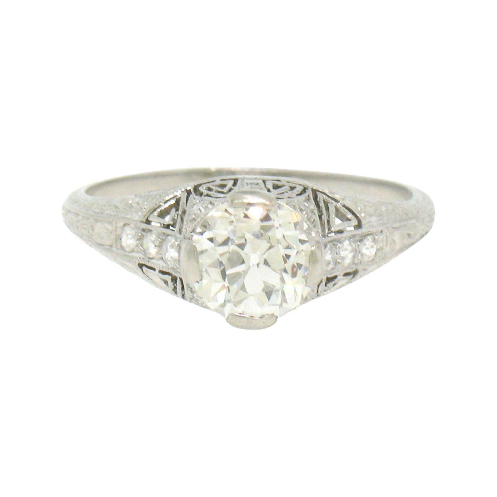 Antique Art Deco Platinum 1.18ct GIA Diamond Etched Filigree Engagement Ring For Sale