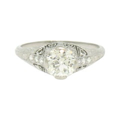 Antique Art Deco Platinum 1.18ct GIA Diamond Etched Filigree Engagement Ring