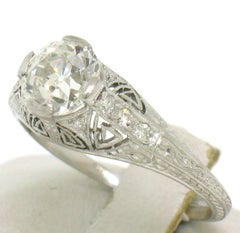 Antique Art Deco Platinum 1.18ct GIA Diamond Etched Filigree Engagement Ring