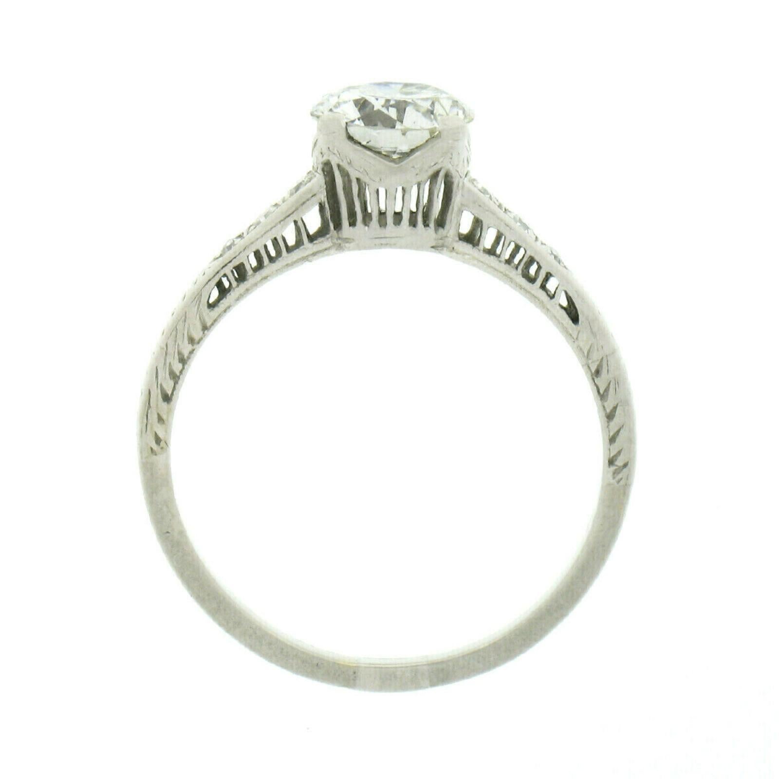 Antique Art Deco Platinum 1.19ct GIA Round Diamond Old Solitaire Engagement Ring In Good Condition For Sale In Montclair, NJ