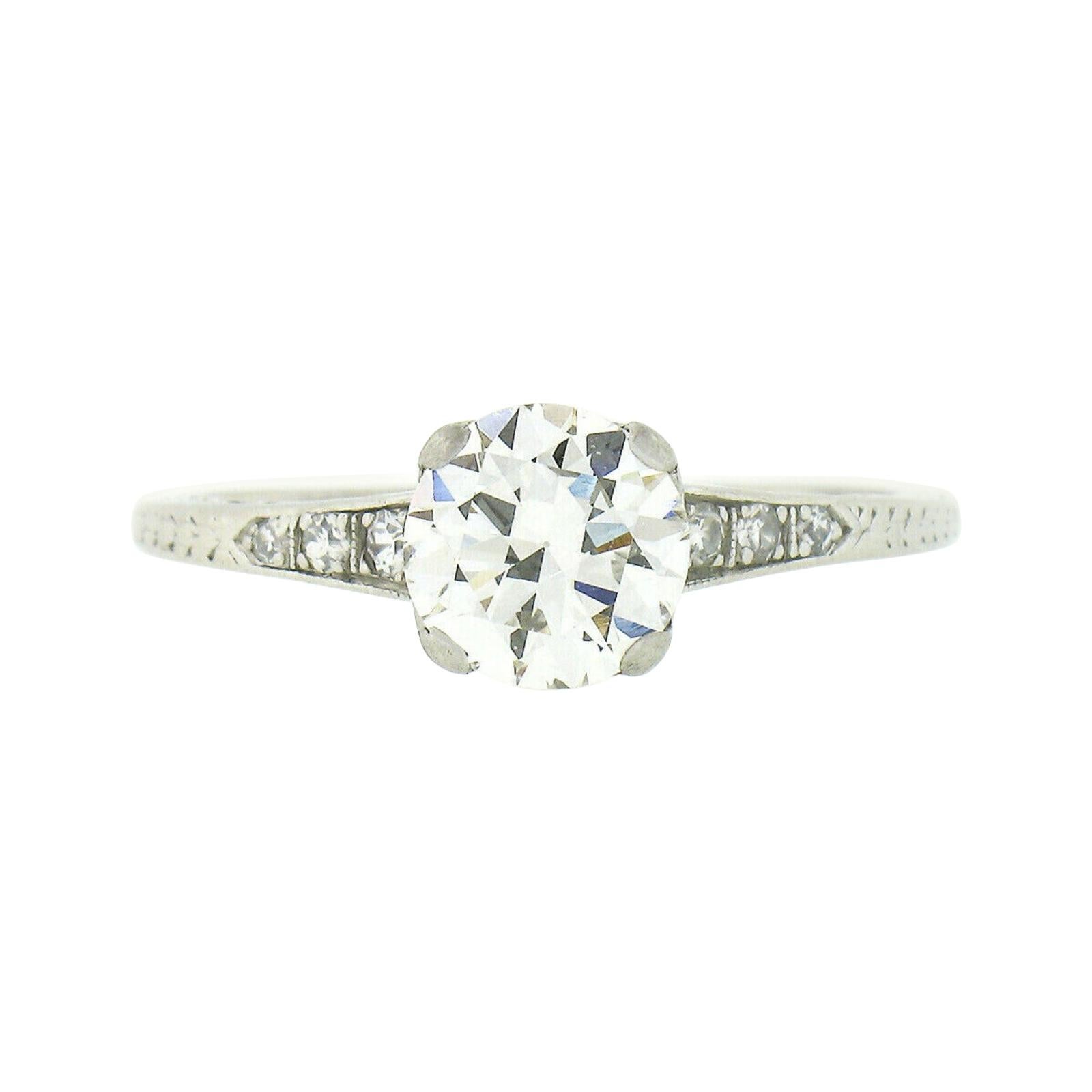 Antique Art Deco Platinum 1.19ct GIA Round Diamond Old Solitaire Engagement Ring For Sale