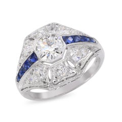 Antique Art Deco Platinum 1.24tcw Old Euro Diamond & French Cut Sapphire Ring