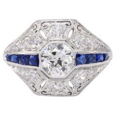 Antique Art Deco Platinum 1.24tcw Old Euro Diamond & French Cut Sapphire Ring