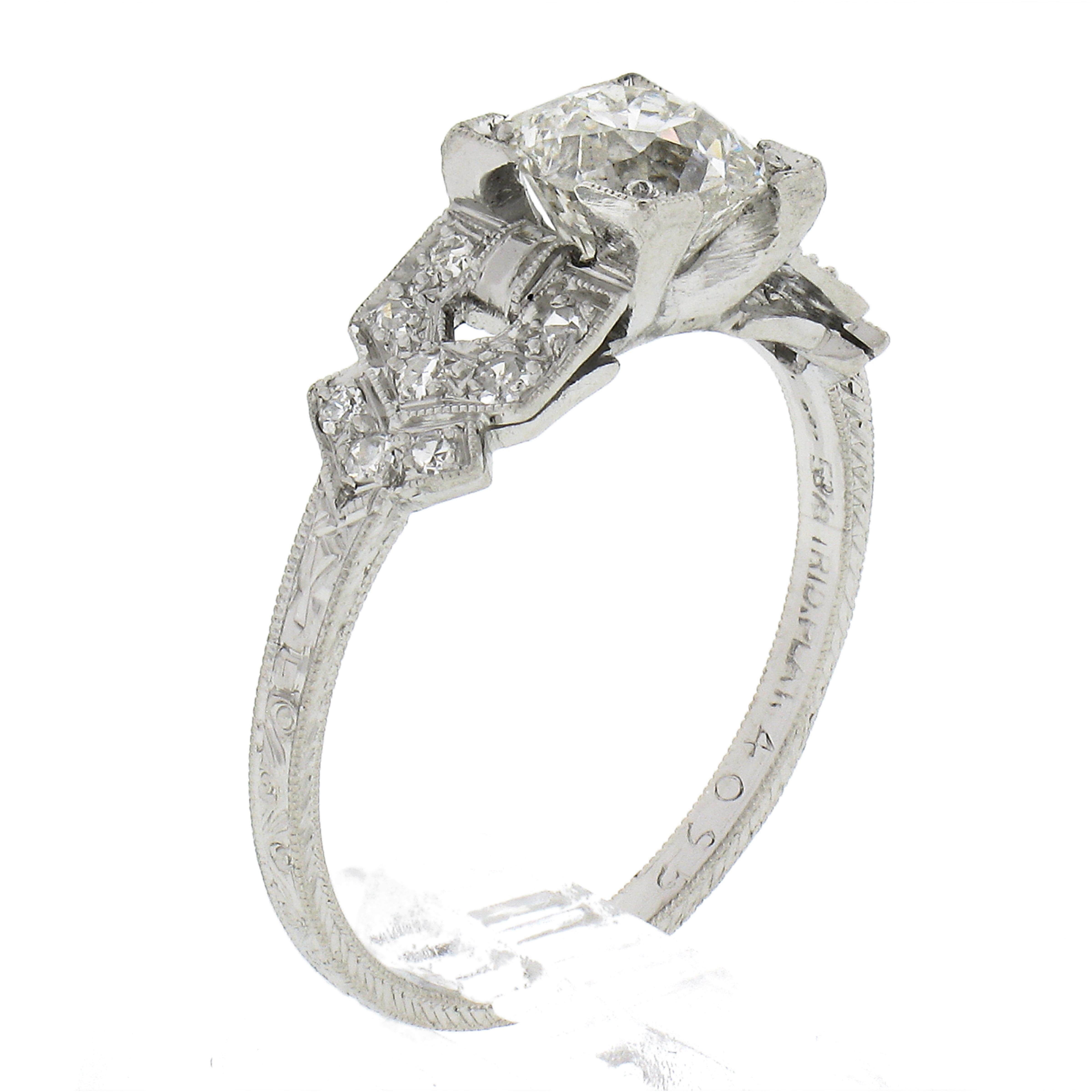 Antique Art Deco Platinum 1.29ctw GIA Old Mine Diamond Engraved Engagement Ring For Sale 5