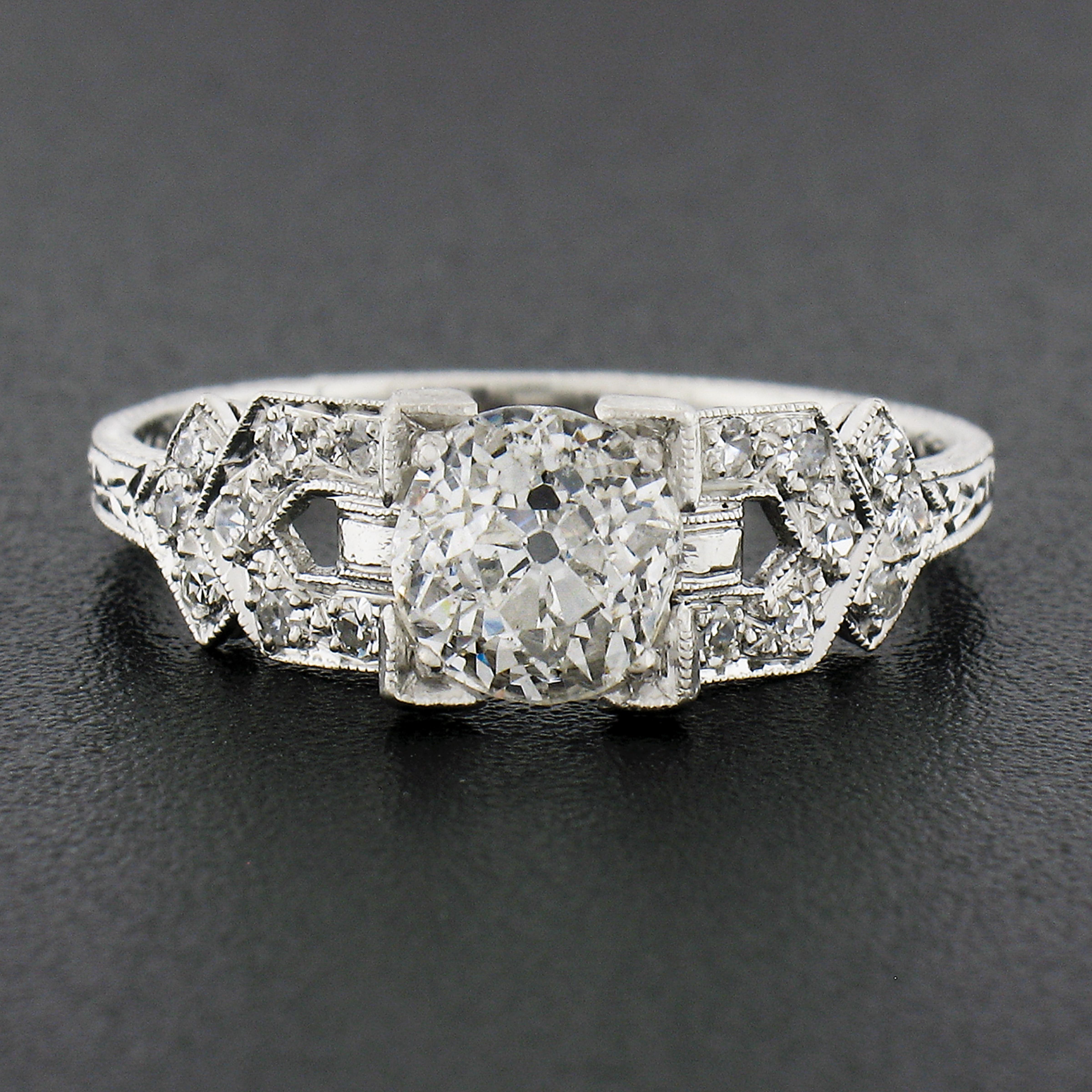 Antique Art Deco Platinum 1.29ctw GIA Old Mine Diamond Engraved Engagement Ring In Good Condition For Sale In Montclair, NJ
