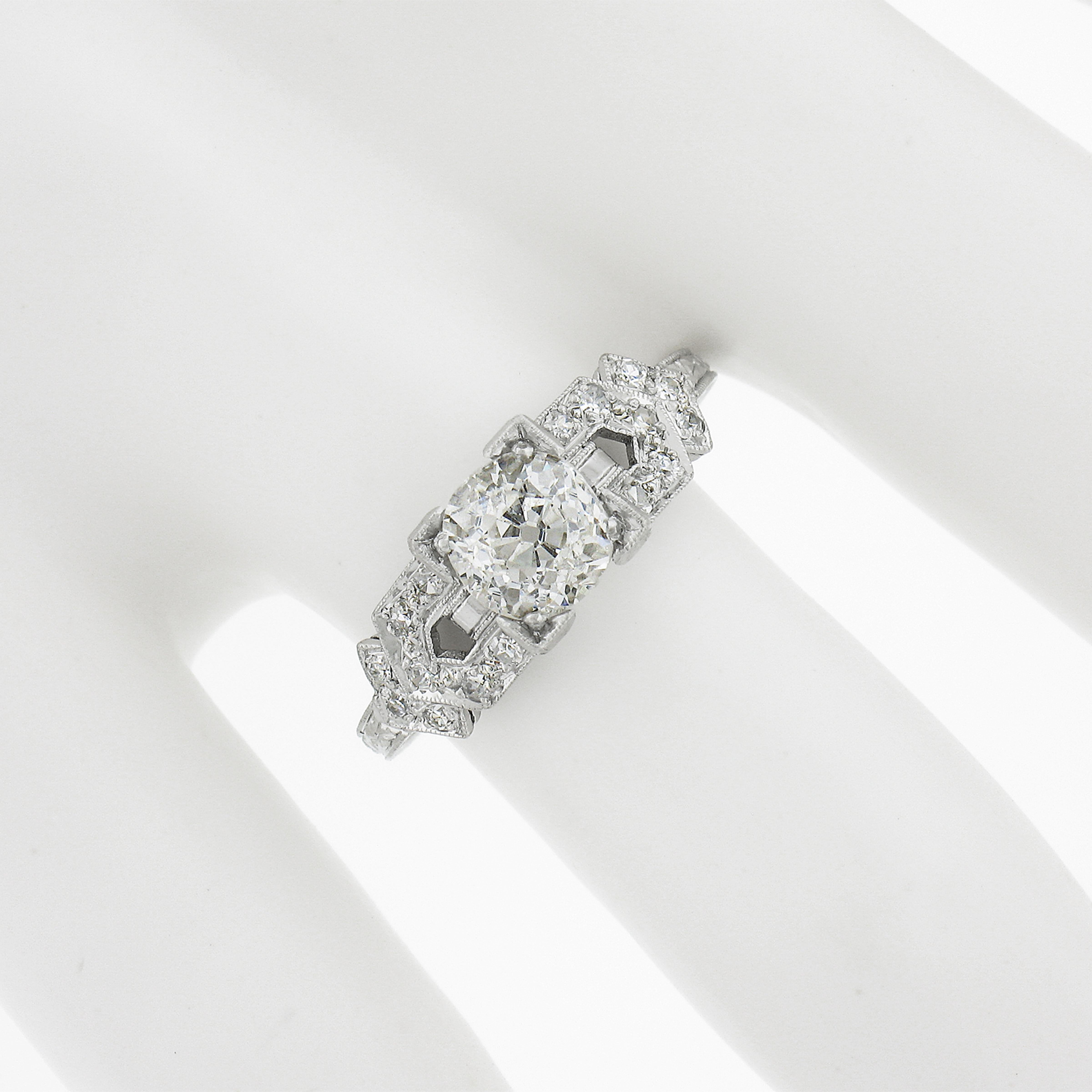 Women's Antique Art Deco Platinum 1.29ctw GIA Old Mine Diamond Engraved Engagement Ring For Sale