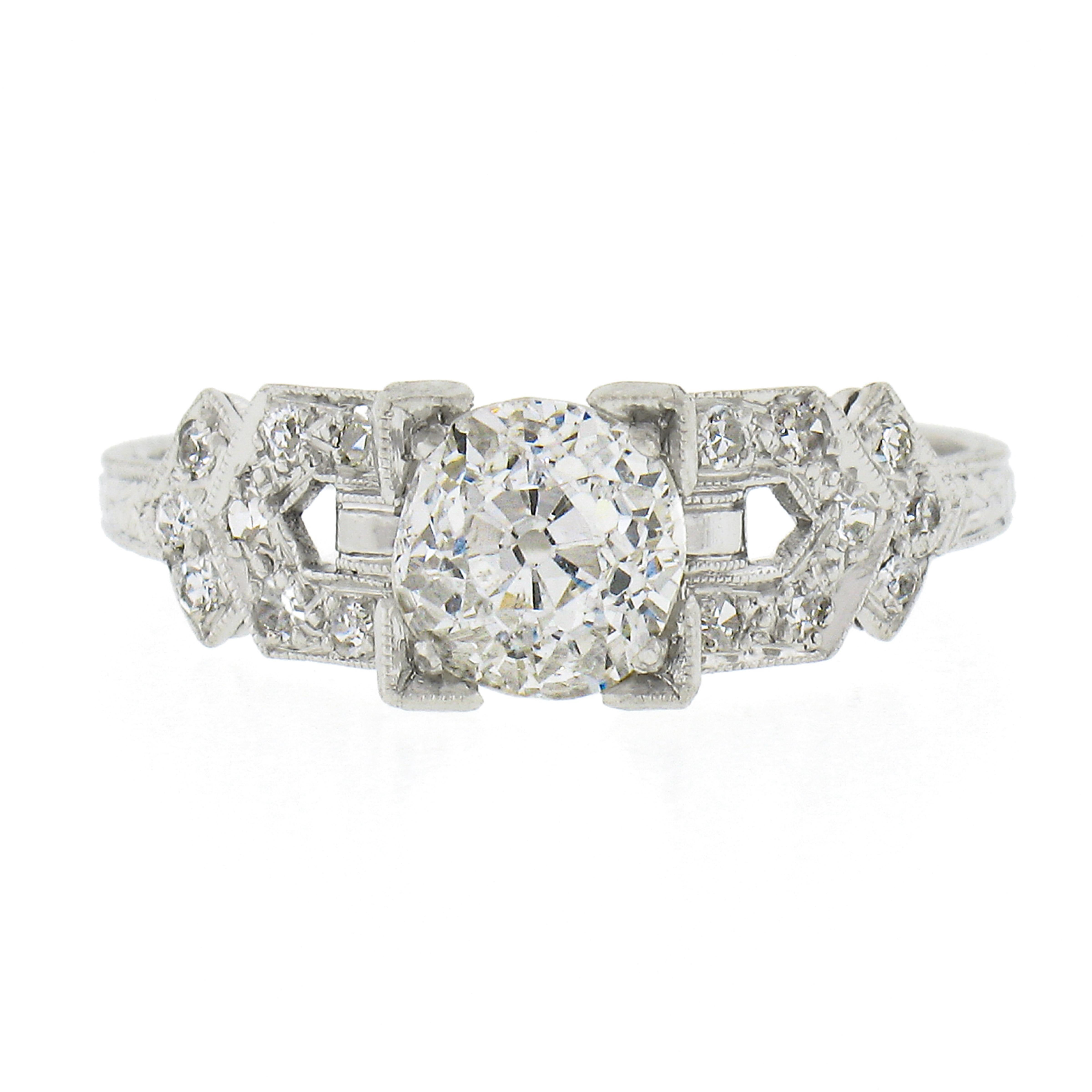 Antique Art Deco Platinum 1.29ctw GIA Old Mine Diamond Engraved Engagement Ring For Sale 1