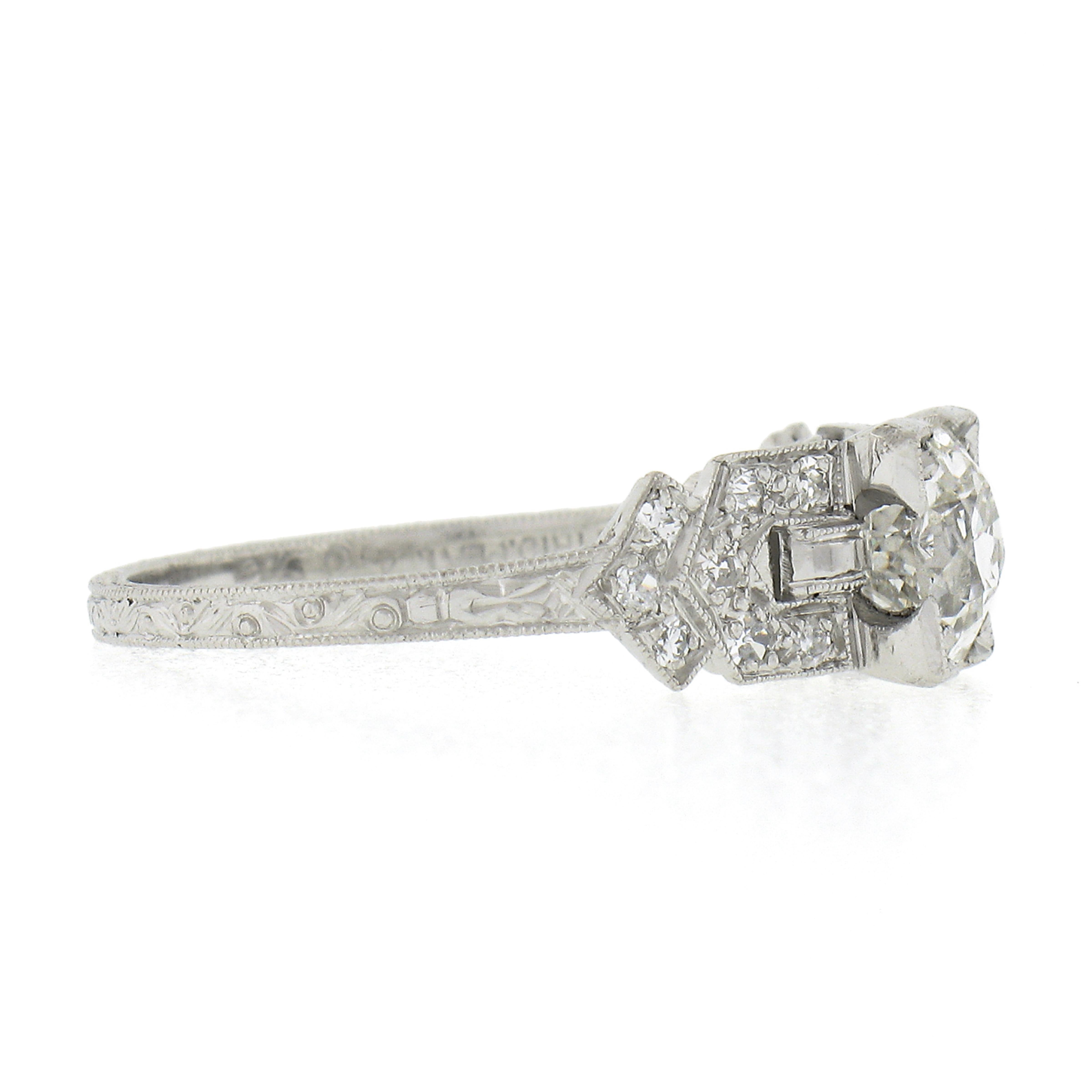 Antique Art Deco Platinum 1.29ctw GIA Old Mine Diamond Engraved Engagement Ring For Sale 2