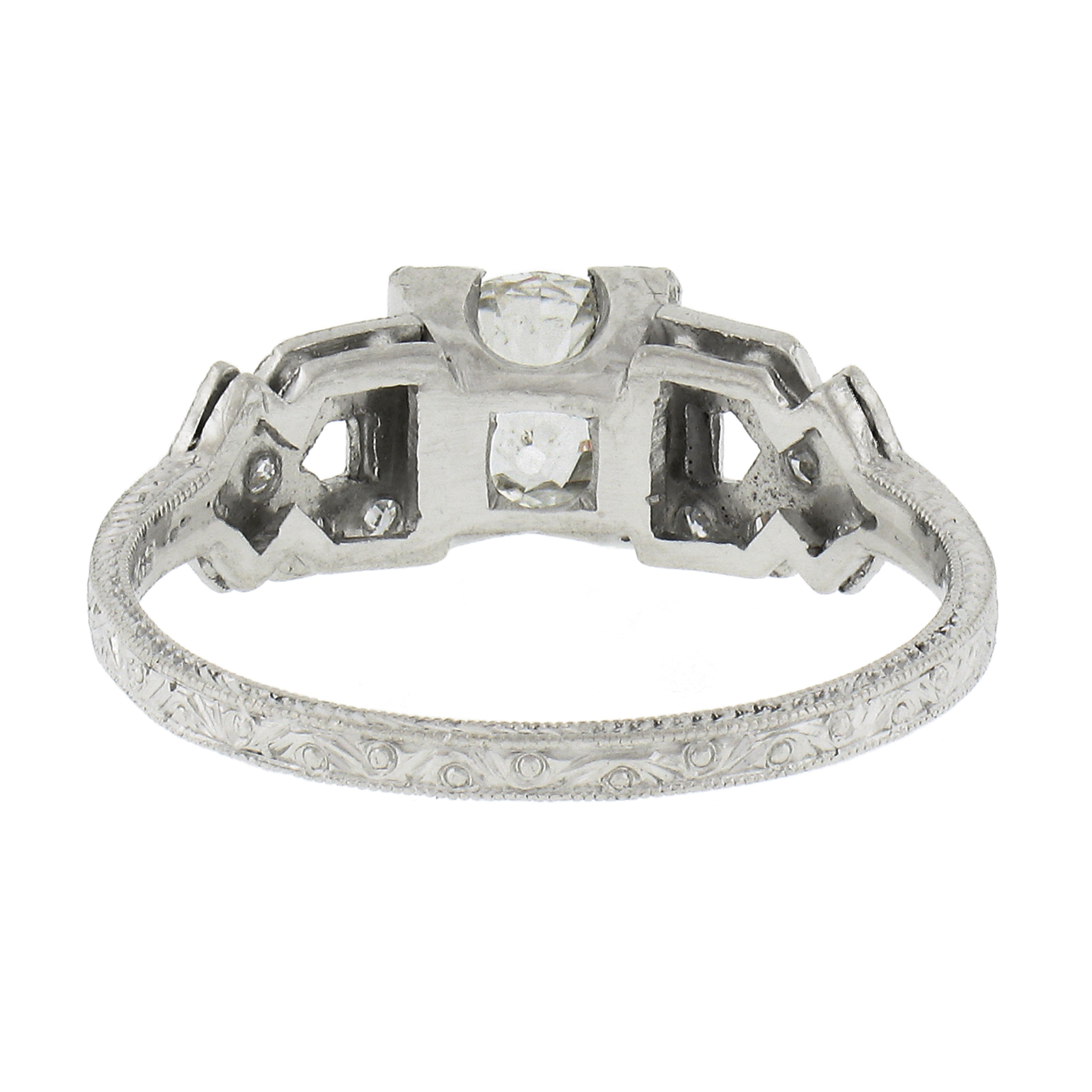 Antique Art Deco Platinum 1.29ctw GIA Old Mine Diamond Engraved Engagement Ring For Sale 3