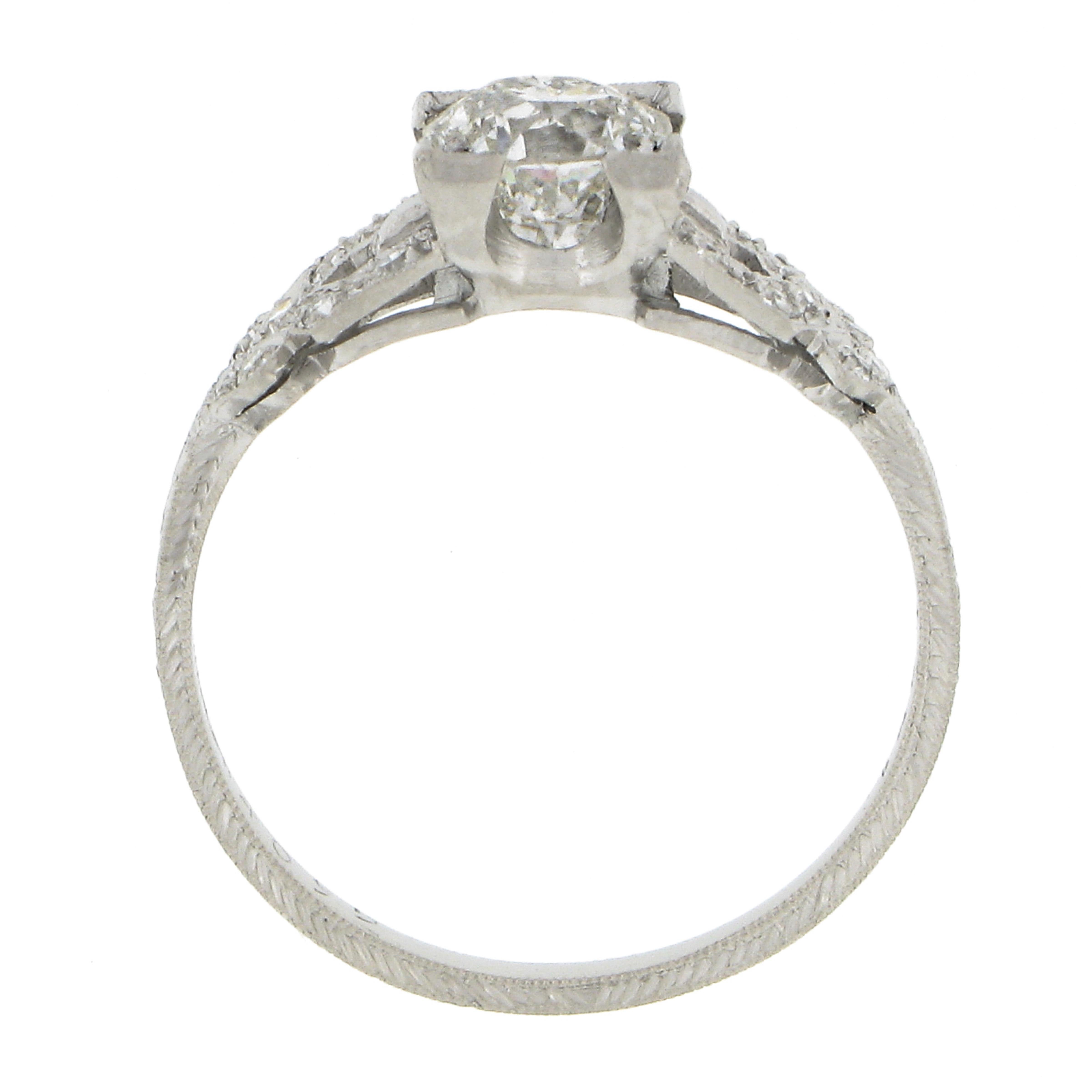 Antique Art Deco Platinum 1.29ctw GIA Old Mine Diamond Engraved Engagement Ring For Sale 4