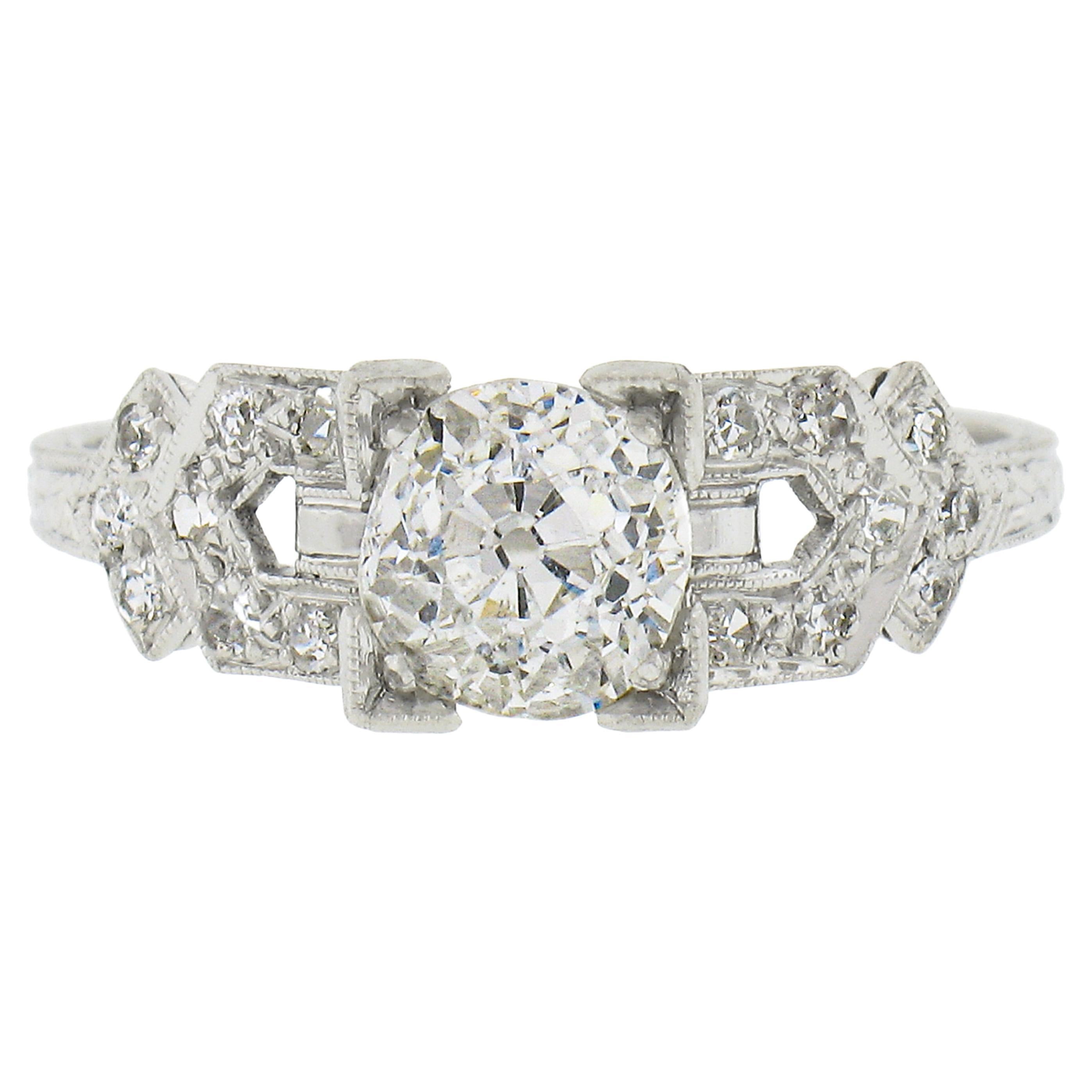 Antique Art Deco Platinum 1.29ctw GIA Old Mine Diamond Engraved Engagement Ring For Sale