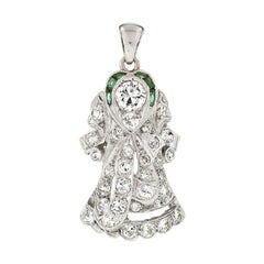 Antique Art Deco Platinum 1.40ctw European Diamond 
Emerald Halo Angel Pendant