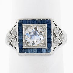 Antique Art Deco Platinum 1.42ctw European Diamond & Sapphire Engagement Ring