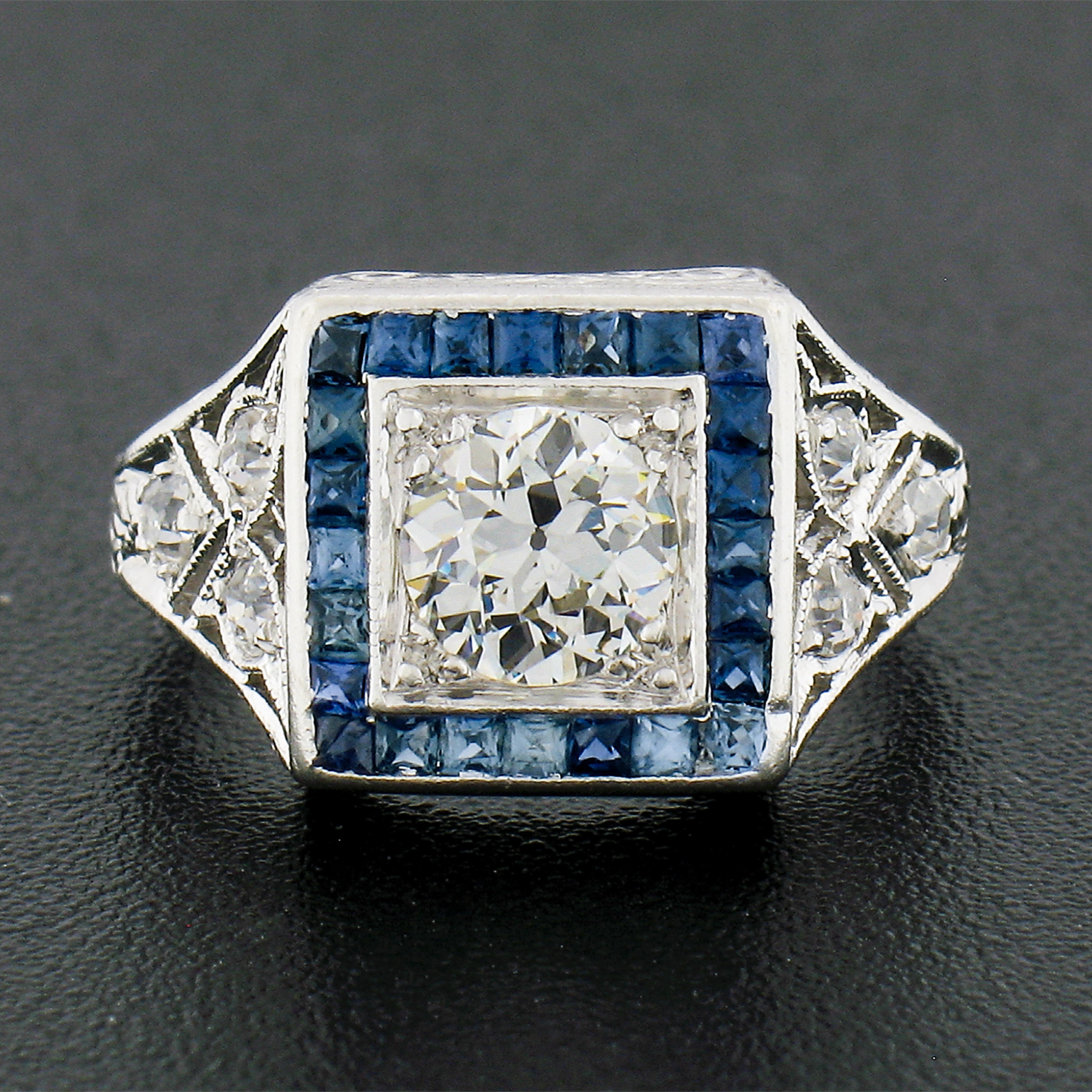 Square Cut Antique Art Deco Platinum 1.42ctw European Diamond & Sapphire Engagement Ring For Sale