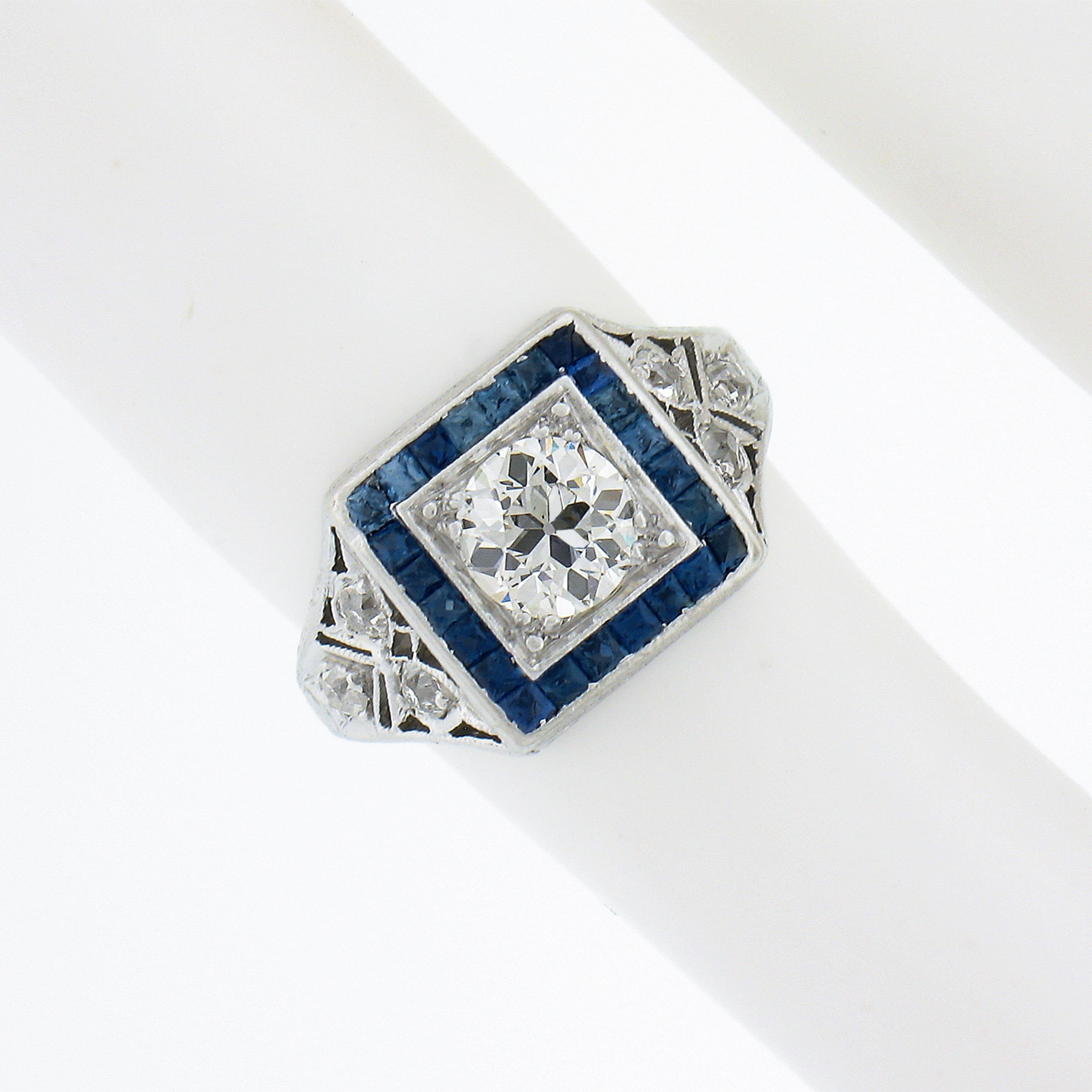 Antique Art Deco Platinum 1.42ctw European Diamond & Sapphire Engagement Ring In Good Condition For Sale In Montclair, NJ