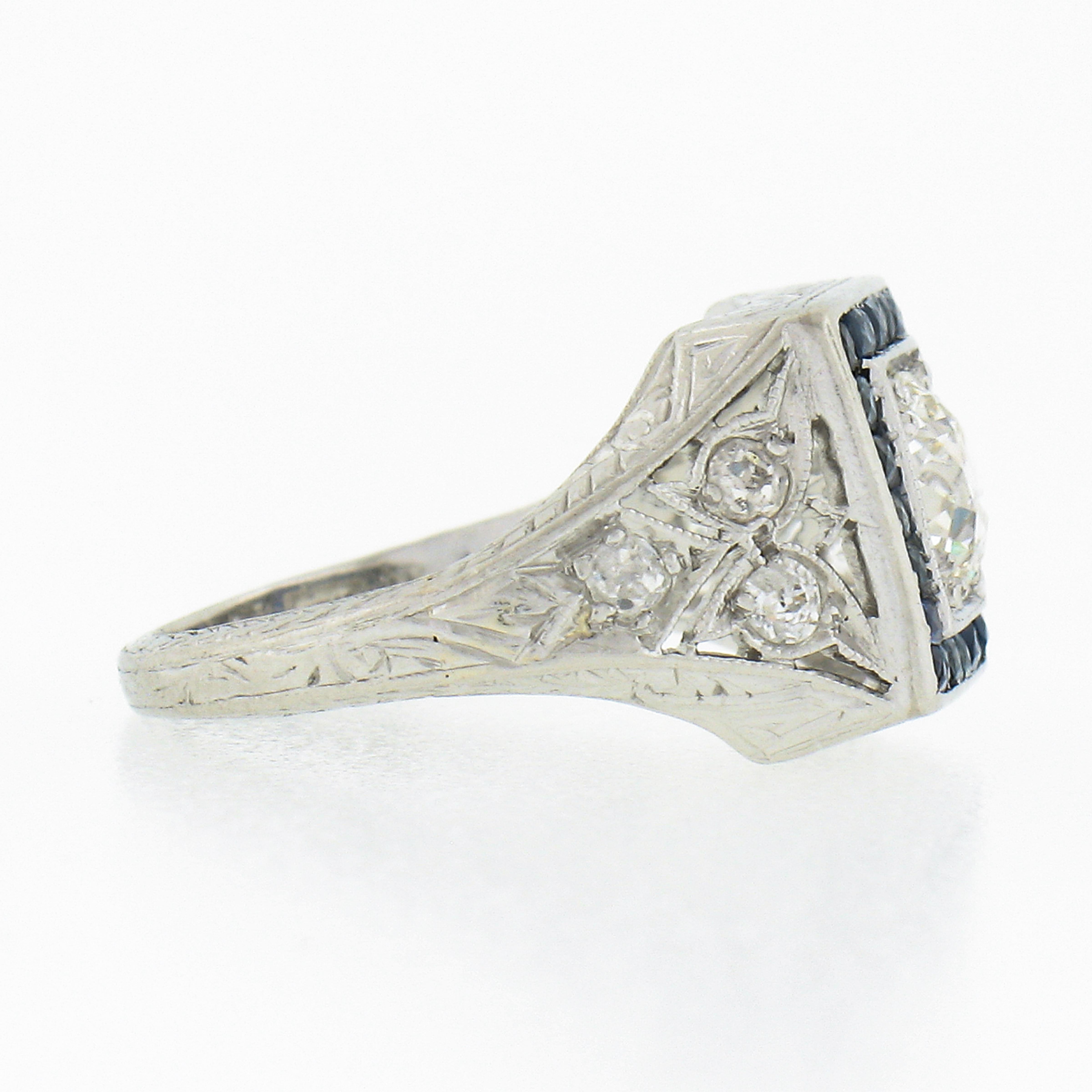 Women's Antique Art Deco Platinum 1.42ctw European Diamond & Sapphire Engagement Ring For Sale