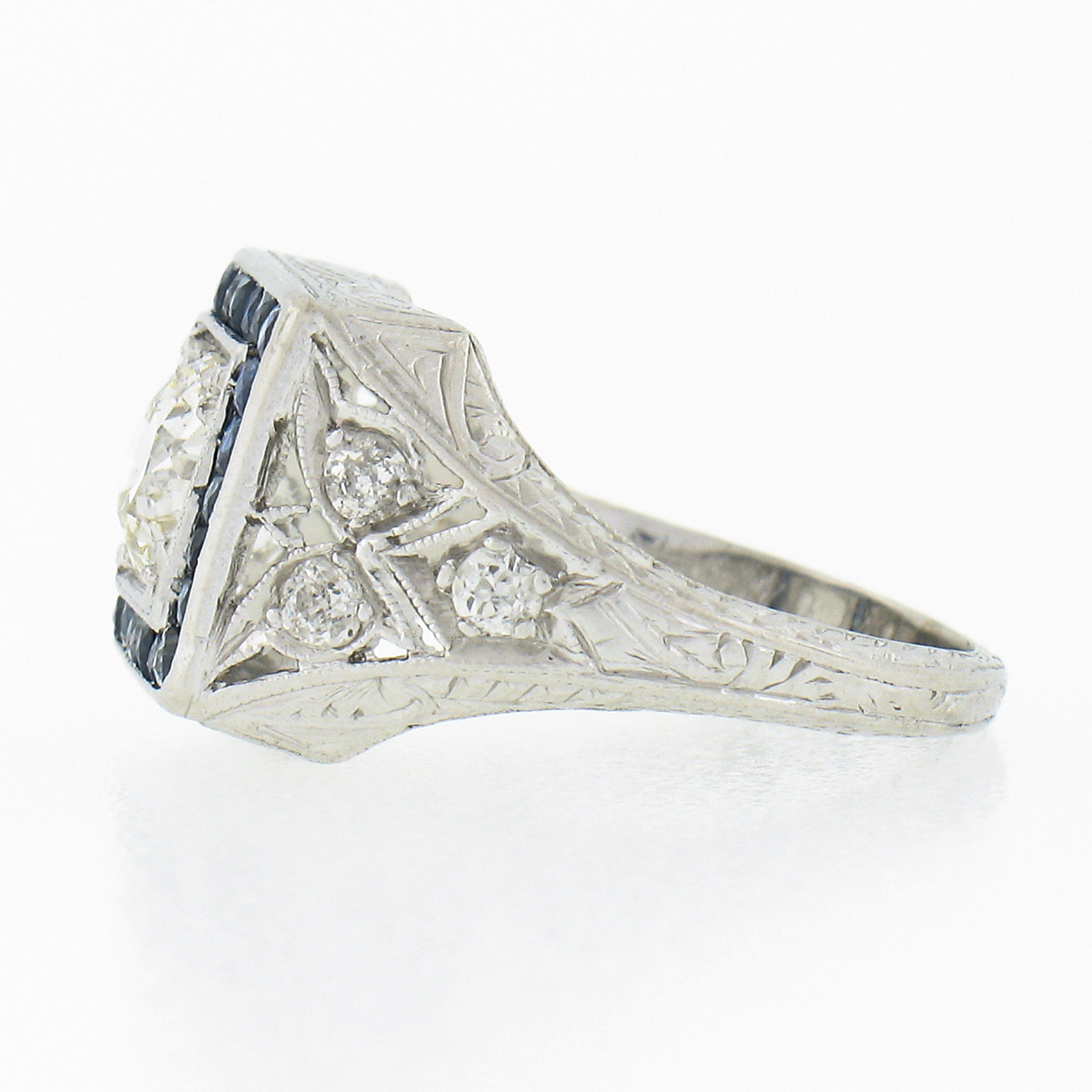 Antique Art Deco Platinum 1.42ctw European Diamond & Sapphire Engagement Ring For Sale 1