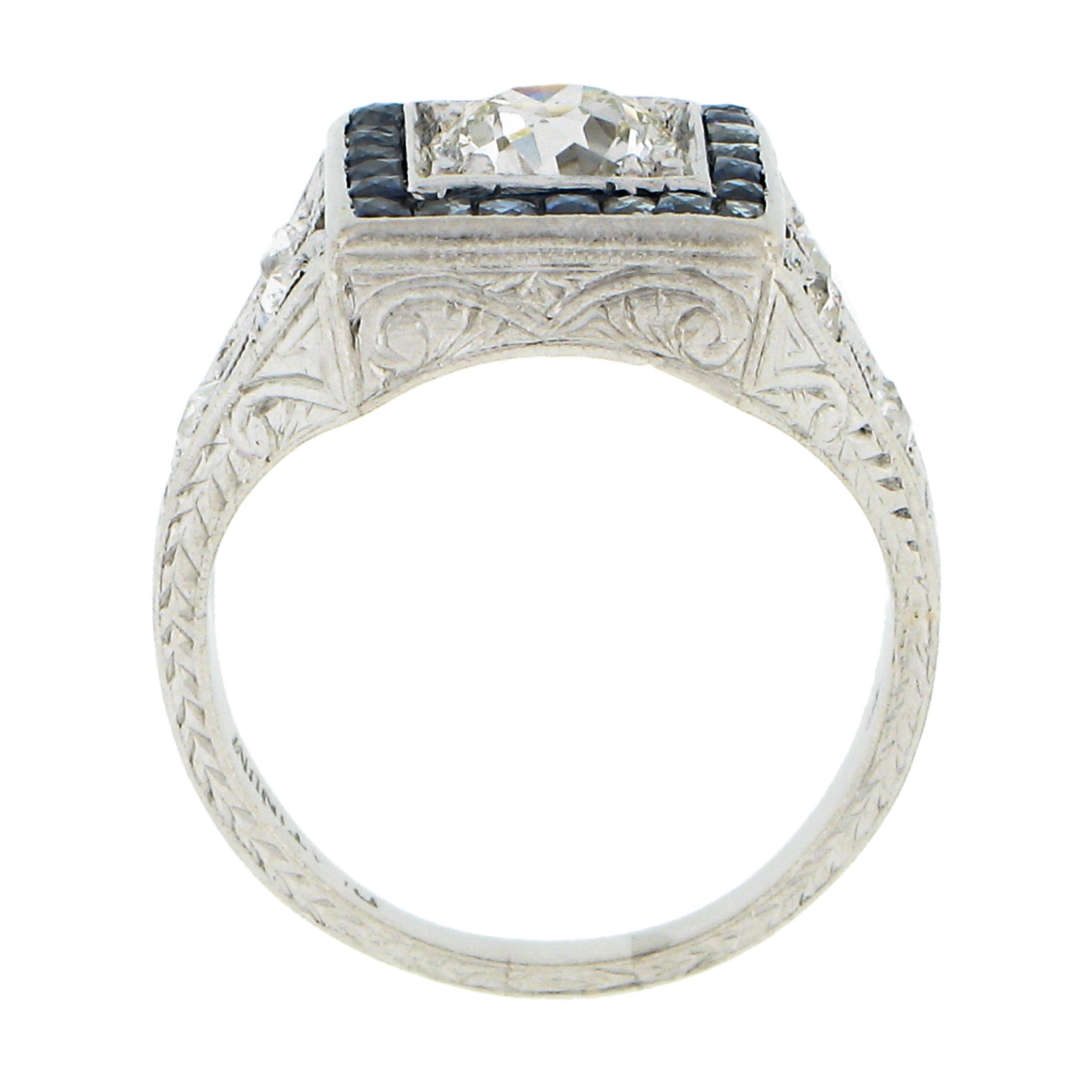 Antique Art Deco Platinum 1.42ctw European Diamond & Sapphire Engagement Ring For Sale 3