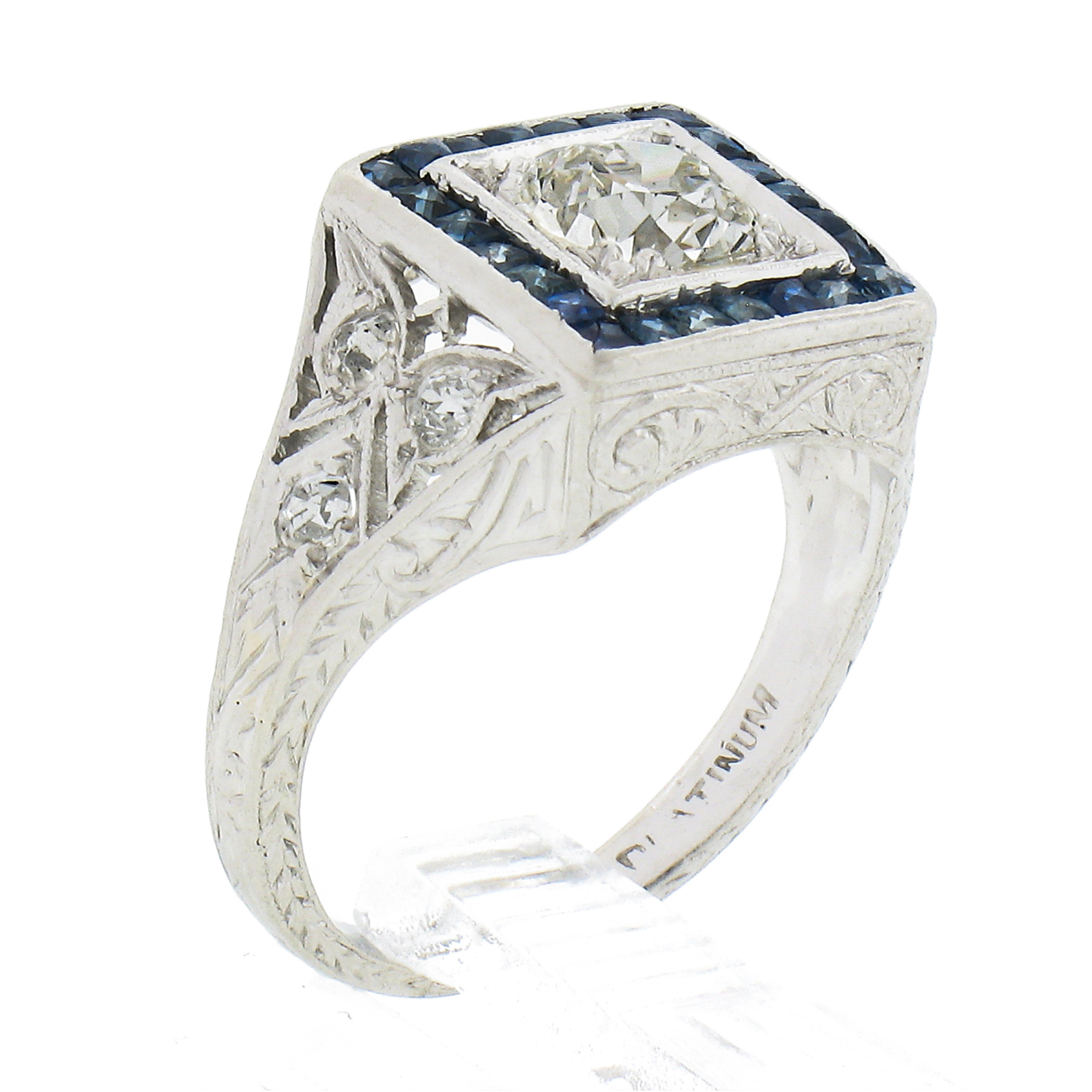 Antique Art Deco Platinum 1.42ctw European Diamond & Sapphire Engagement Ring For Sale 4